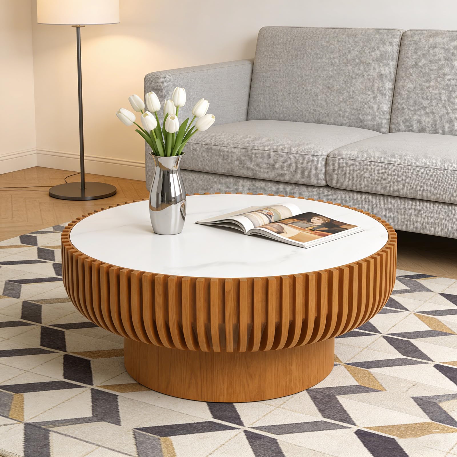 Feizhiyans Fs Modern Wooden Fluted Round Coffee Table