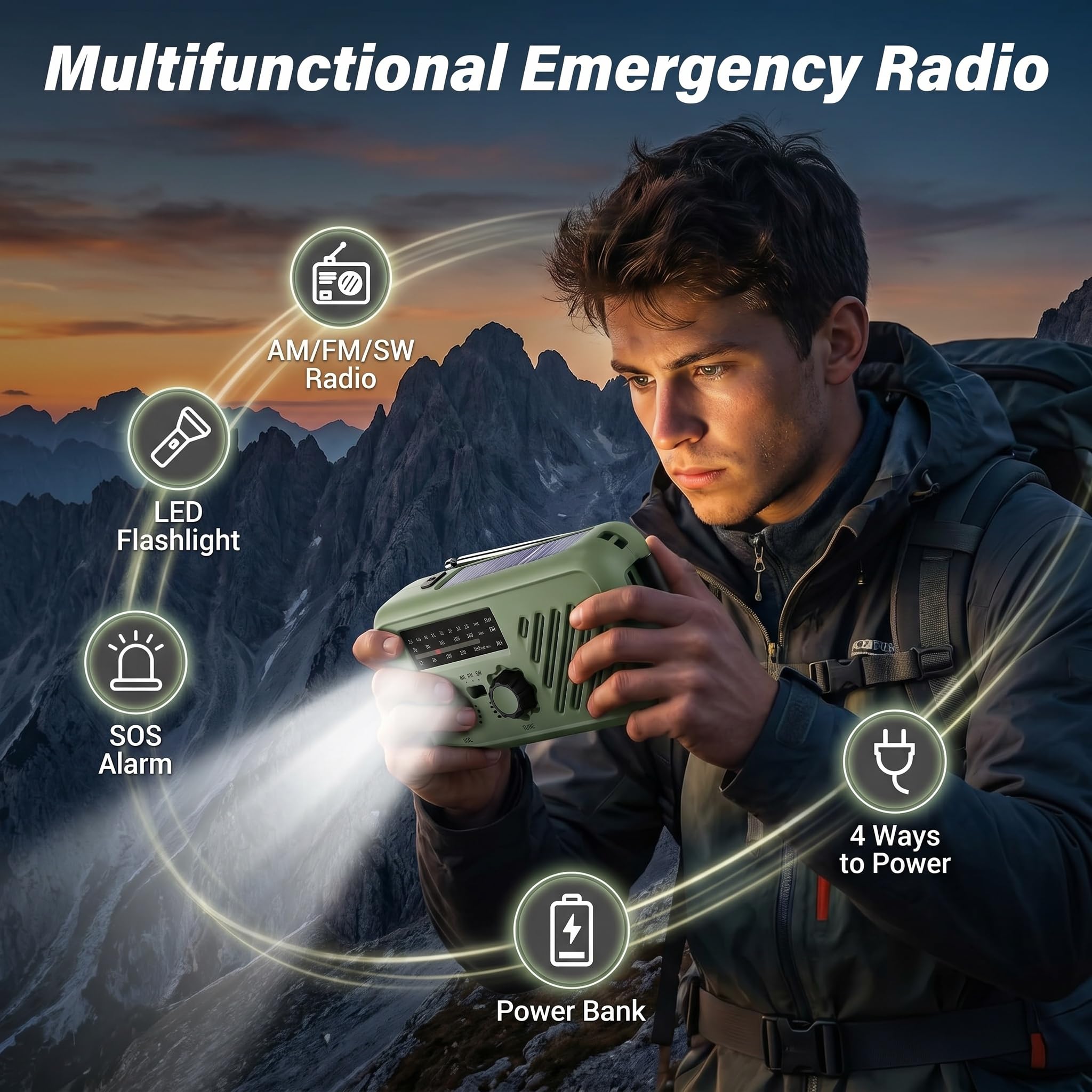 Radio Portable Urgence, Radio de Survie AM/FM Solaire & Dynamo, Powerbank 2000mAh, Lampe LED Torche + Lecture, Alarme SOS - 4 Modes de Charge, Idéale Camping, Panne de Courant, Voiture