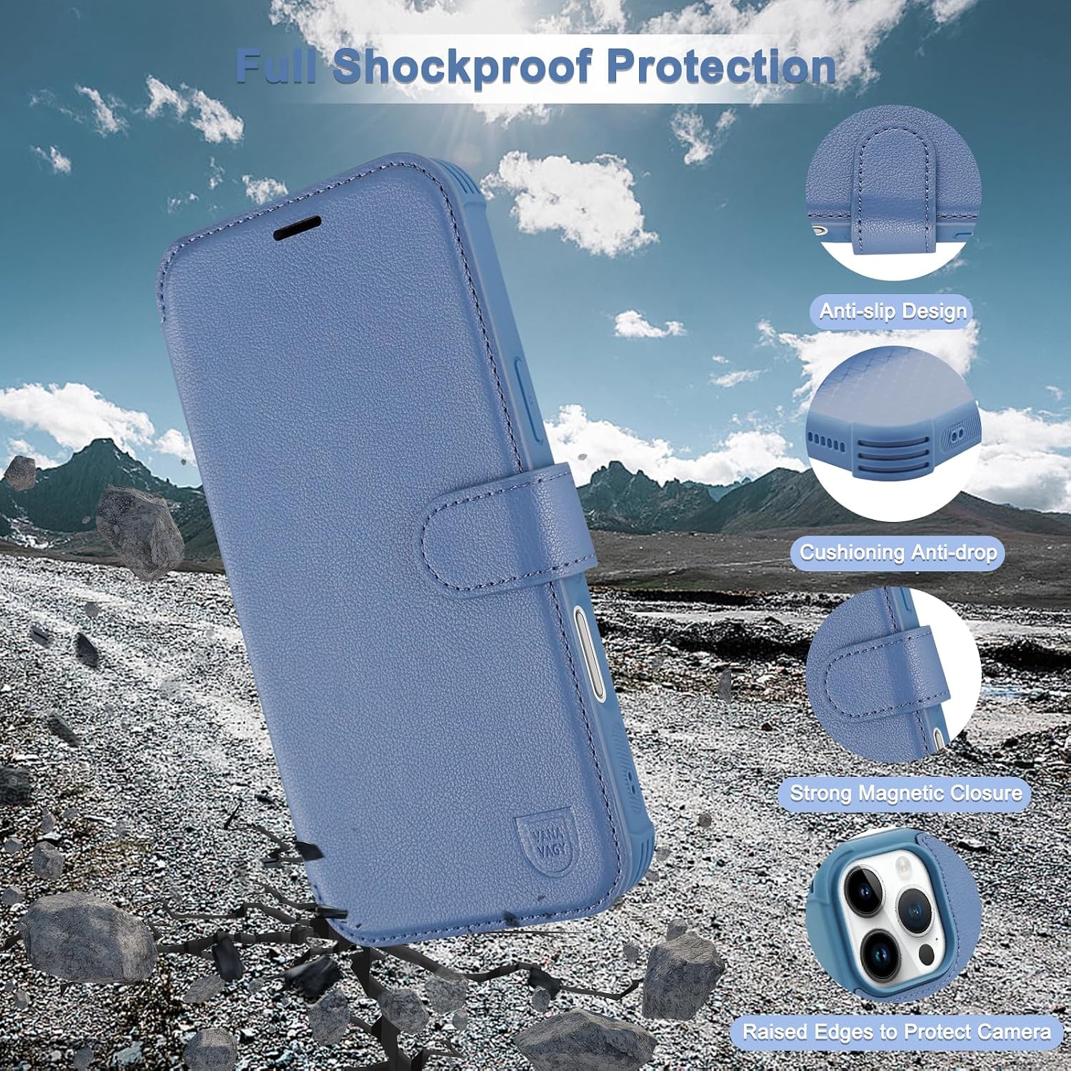 VANAVAGY Compatible for iPhone 16 Pro Max Wallet Case for Magsafe Wireless Charging, PU Leather Flip Case Wrist Strap [Screen Protector & Camera Lens Protector] with RFID Blocking Card Holder,Blue