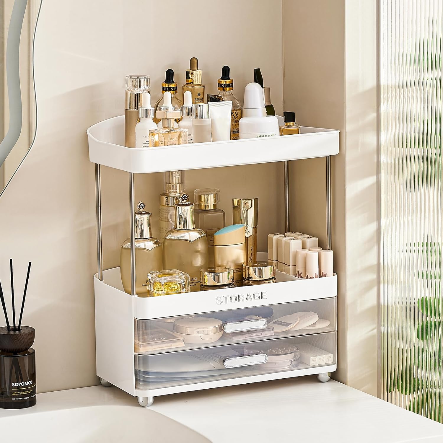 Bathroom Organizers and Storage | 2-Tier 2-Drawer Makeup Organizer Countertop, Easy to Install & Multi-Purpose - Counter & Sink Storage Shelf for Vanity, Skincare, Perfume, Present, and More