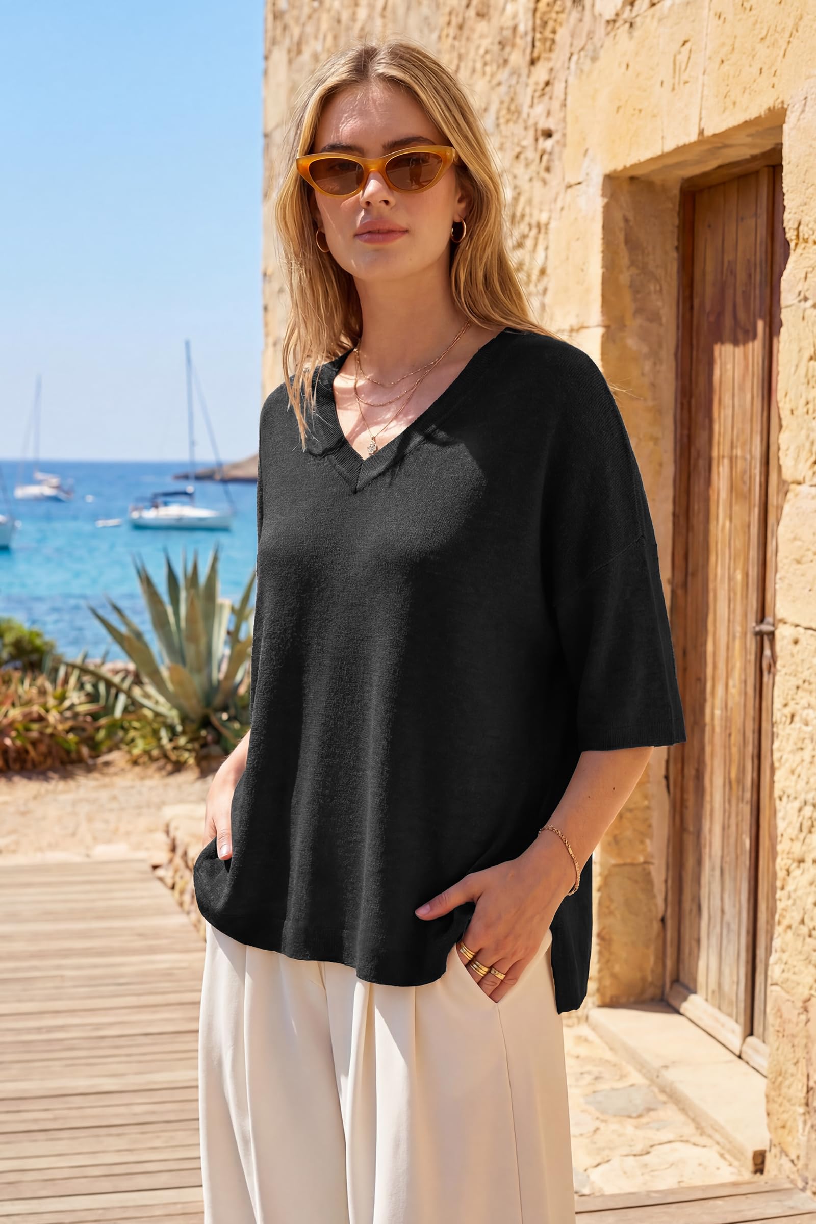 Arach&Cloz Pullover Damen Wolle Blend Oversize Strickpullover V-Ausschnitt Sommer Tops Work Casual