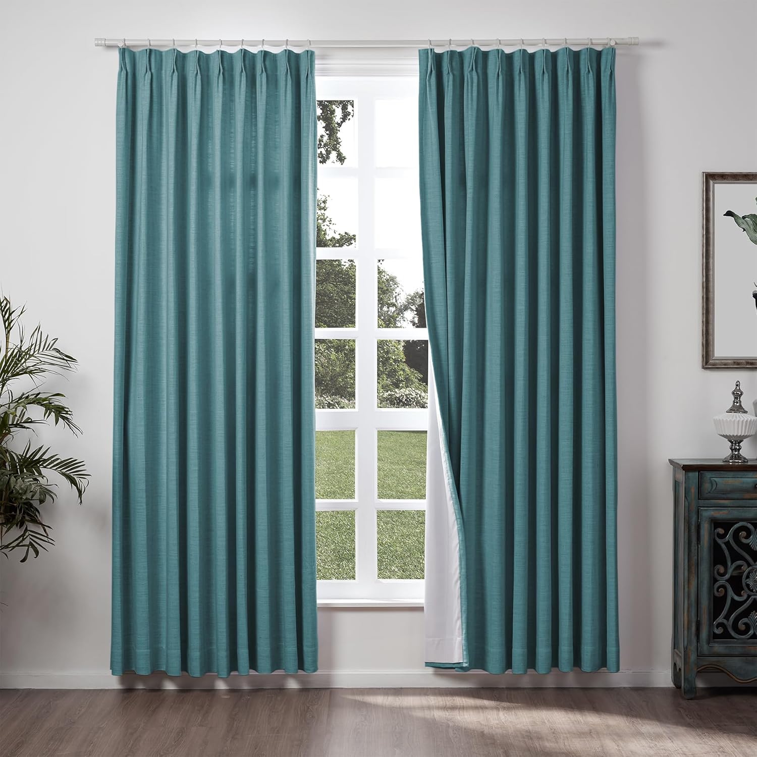 ChadMade Extra Long Curtain 72" W x 102" L Polyester Linen Drape with Blackout Lining Pinch Pleat Curtain Everglade Teal (1 Panel) Tallis Collection