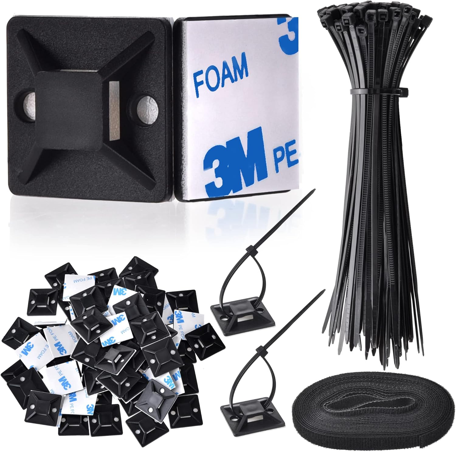 GOLDEROC Cable Ties Set, 100Pcs Black Cable Ties, 70Pcs Self Adhesive Cable Clips Cable Holders