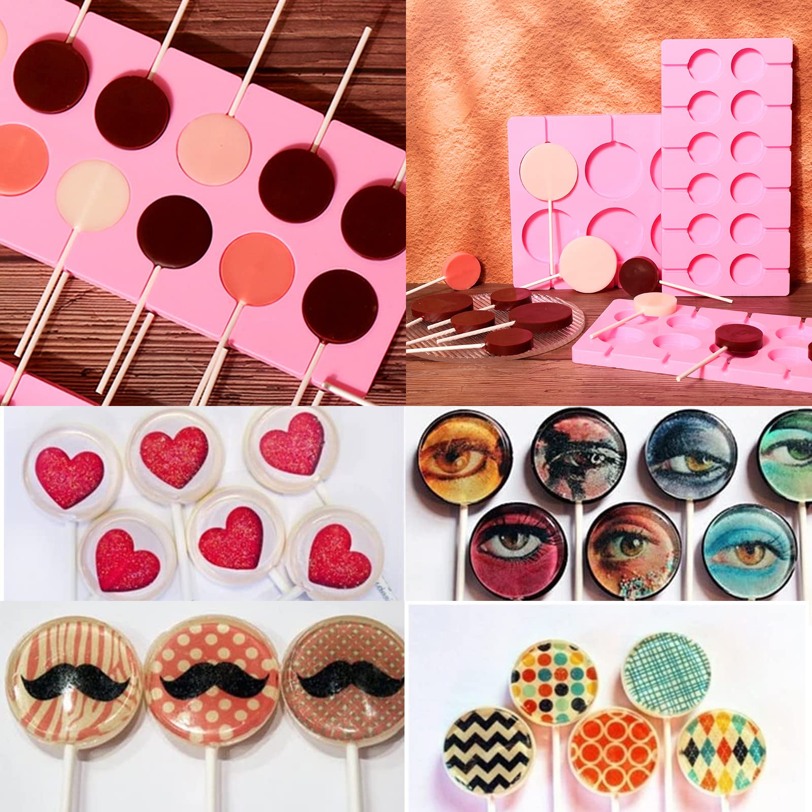 Sizkii Lot de 2 moules à sucettes en silicone de capacité 12 moules ronds à ventouse pour bonbons, chocolat, biscuits, moules à sucettes en silicone (rose