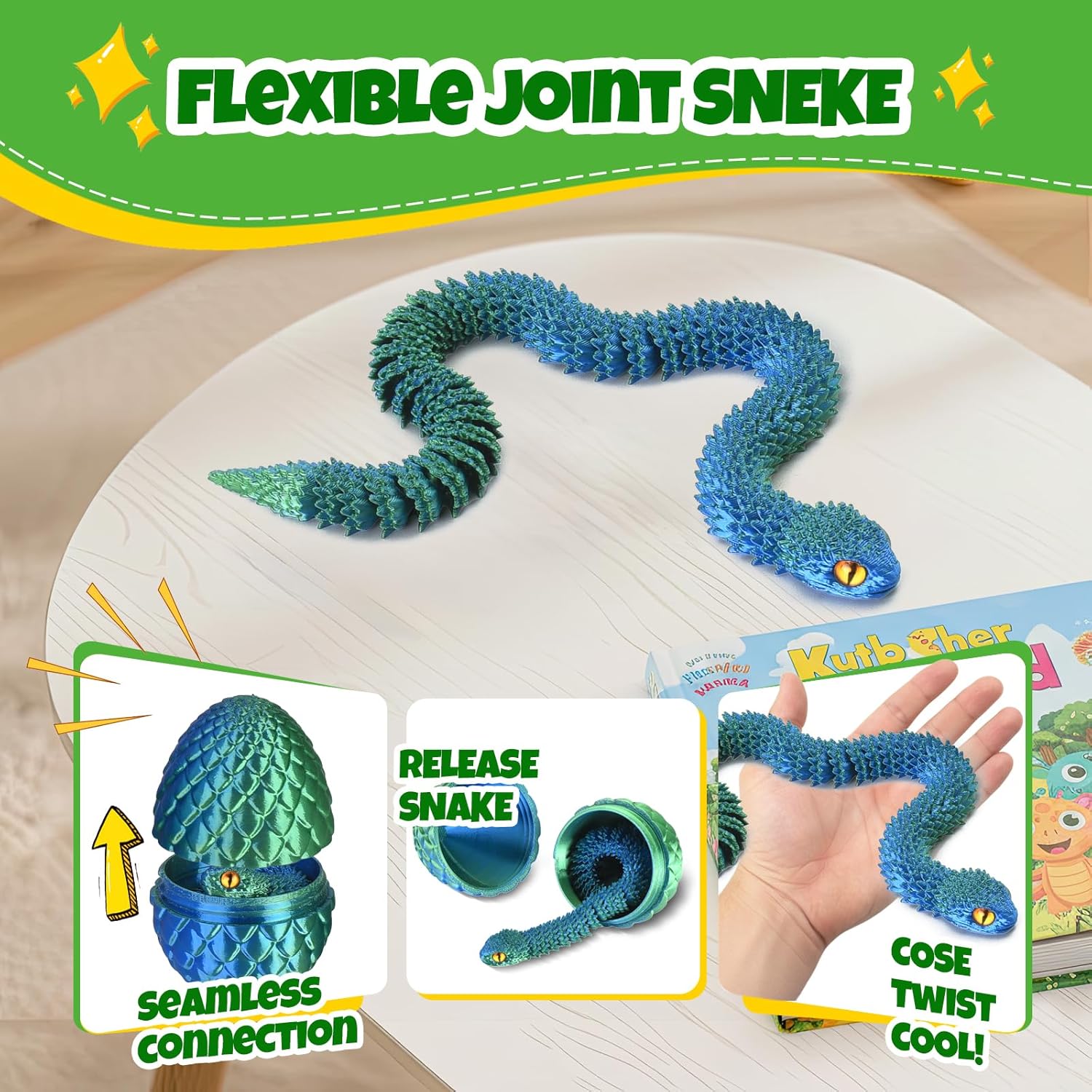 3D Printed Snake Egg for Kids Teens – Hatch a Poseable Serpent, Reusable Treasure Chest, Fidget Toy & Desk Decor – Perfect for Mother's Day, Children's Day, Birthday Gifts (Blue-Green)