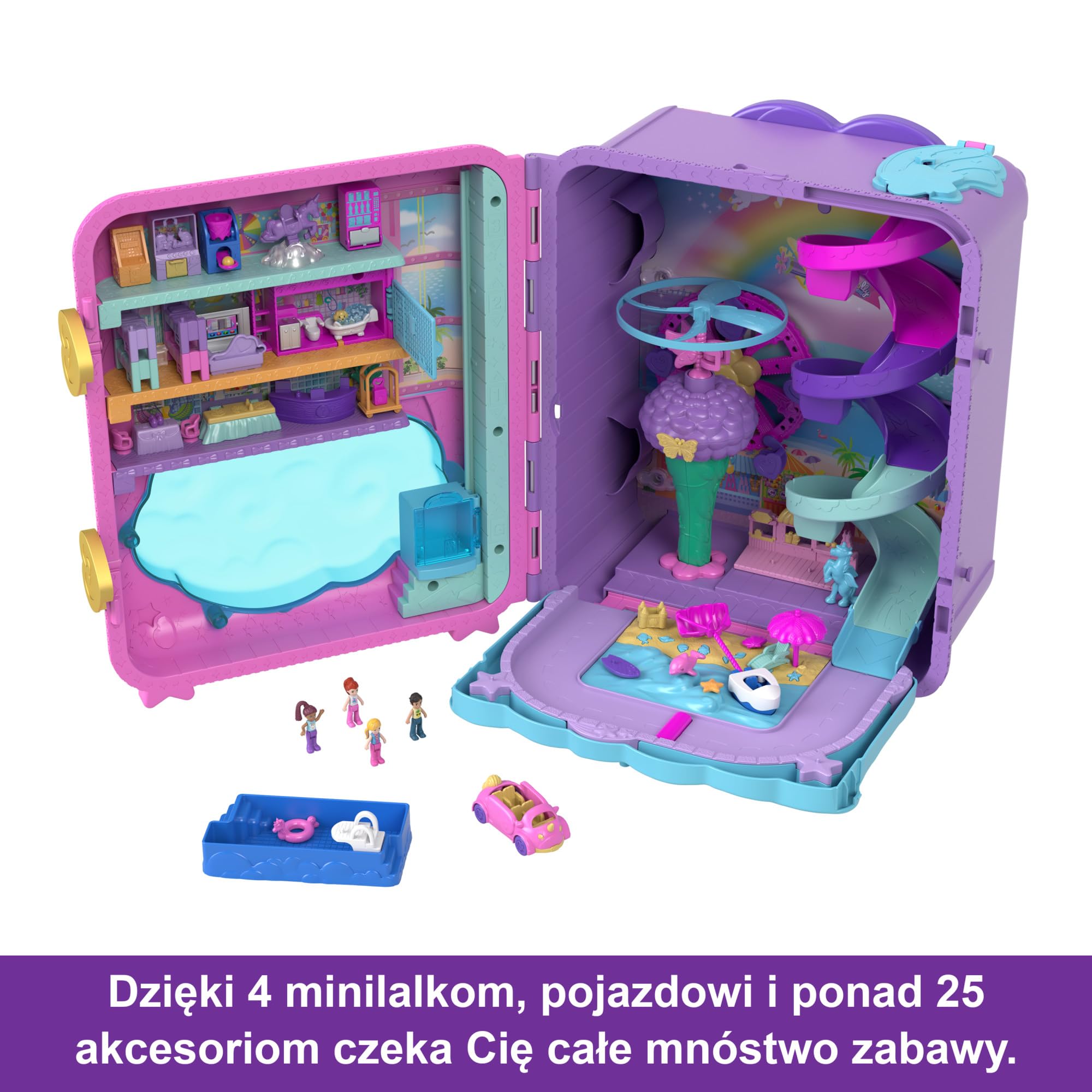 Polly Pocket Wakacyjny kurort Zestaw Walizka z 4 lalkami, 1 pojazdem i ponad 25 akcesoriami, HKV43