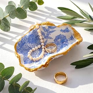 CimoroWin Natural Oyster Ring Trinket Jewelry Dish,Blue Floral | Vintage Jewelry Tray Decor for Keys Small Jewelry Holder for Wedding Bridal Shower Favors Friends Sisters Gift Seaside Decor