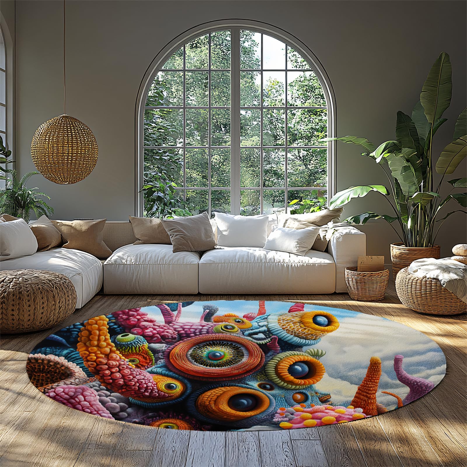 Tapis rond antidérapant pour sécuriser le sol de la chambre avec style marin psychédélique