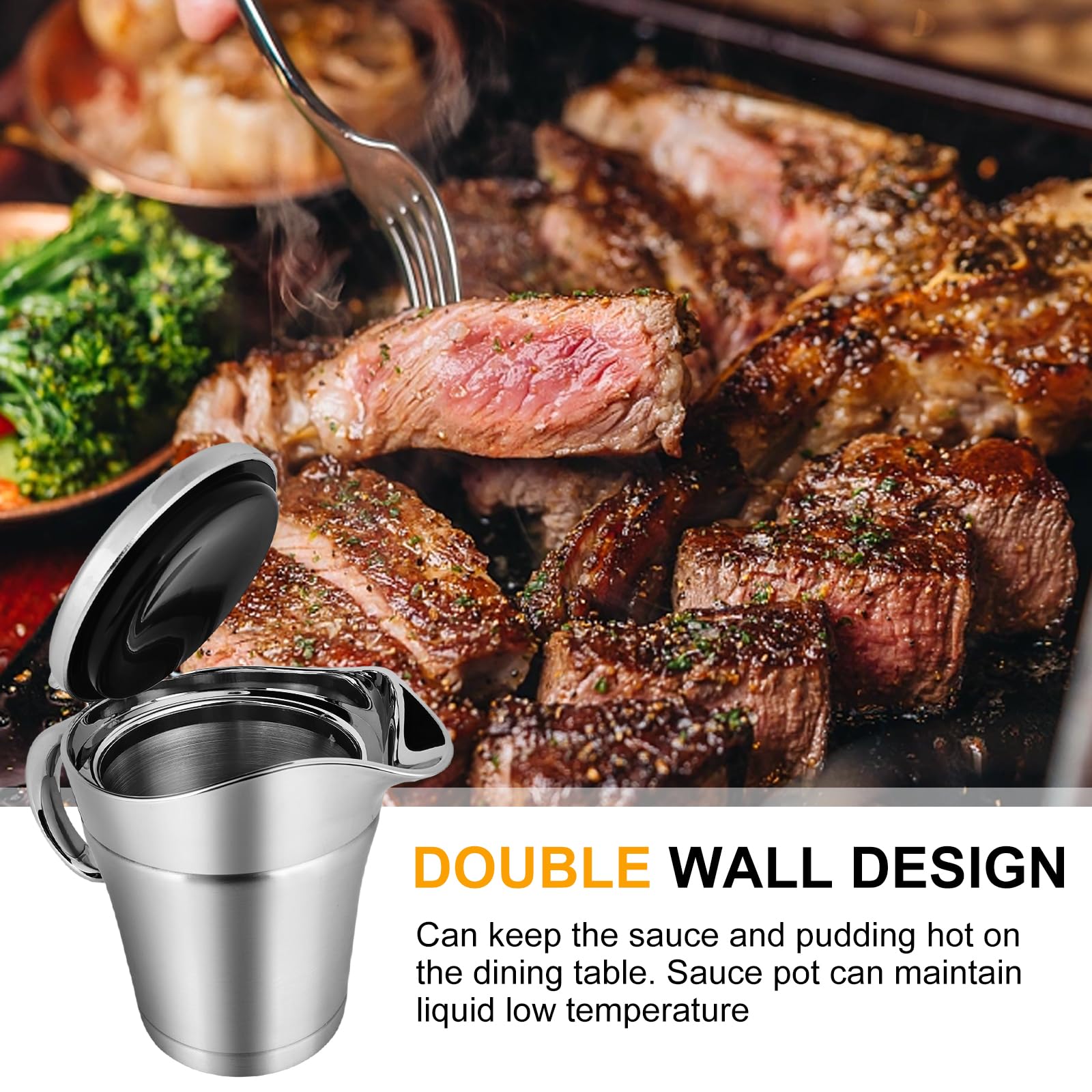 Carafe à sauce thermique en acier inoxydable avec couvercle rabattable, bol de 750 ml, double isolation, carafe à sauce argentée, récipient pour sauce thermique, gobelet pour sauce vanille, crème et