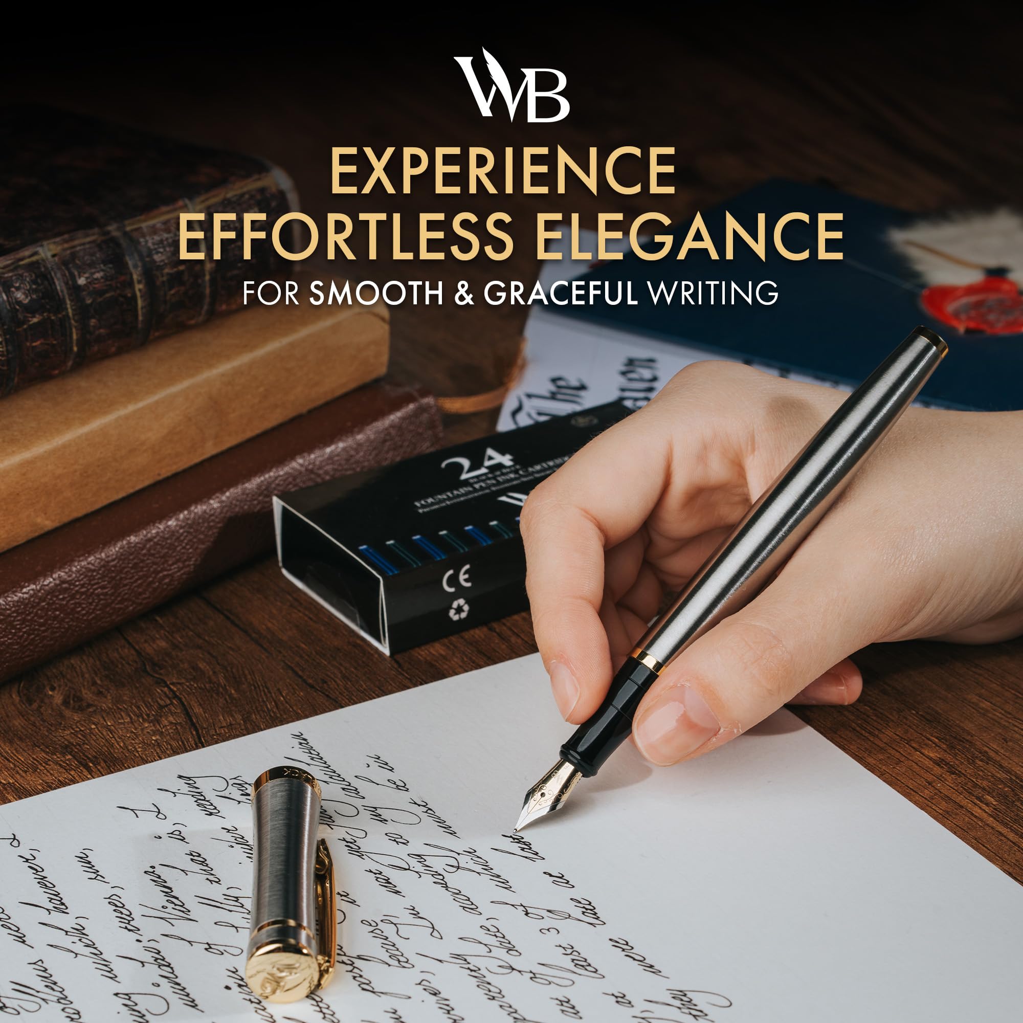 Wordsworth & Black Fountain Pen Set, 18K Gilded Fine Nib, Includes 24 Pack Ink Cartridges, Ink Refill Converter & Gift Box - Image 2