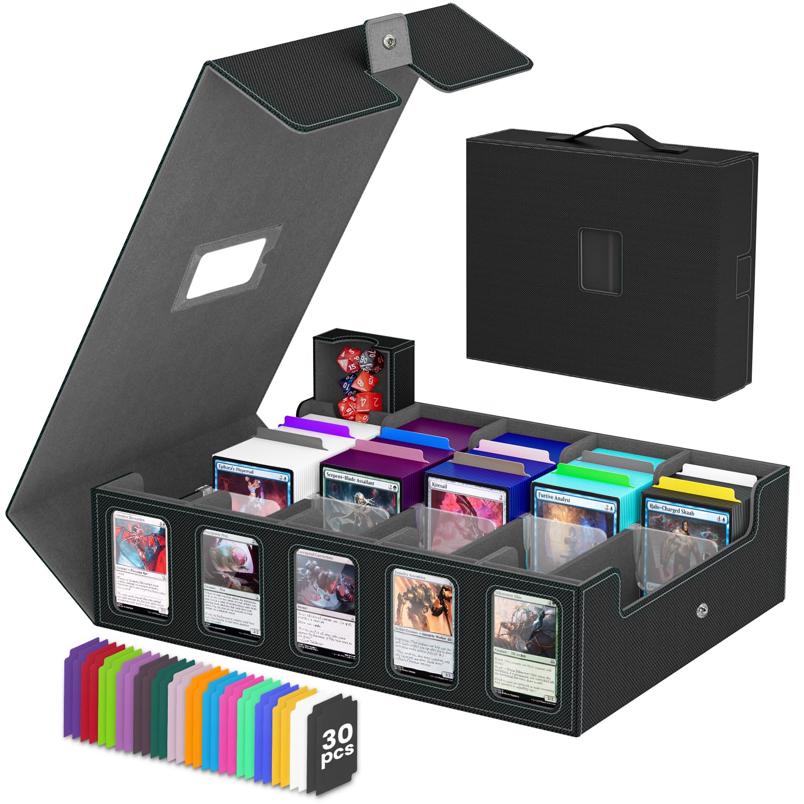 Trading Card Storage Box Gomyrod, 5-Row Card Case with Commander Display & Portable Handle, 4200+ MTG Deck Box Compatible for MTG/TCG/Magic Cards, 30 Colorful Divider, 8 Card Supporters (Black & Grey)
