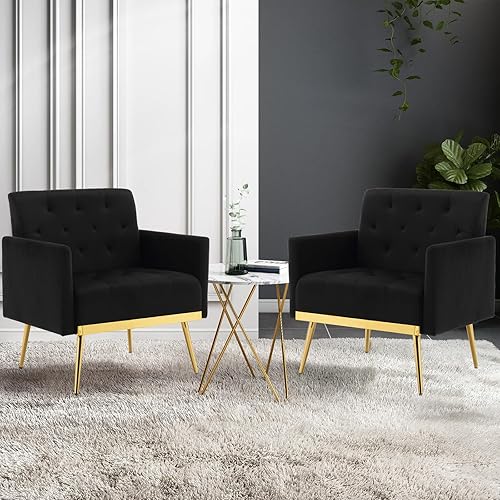 Miniatura 17 de Juego de 2 sillas decorativas de terciopelo, modernos sillones copetudos con botones y patas de metal, pequeñas y cómodas sillas tapizadas para sala