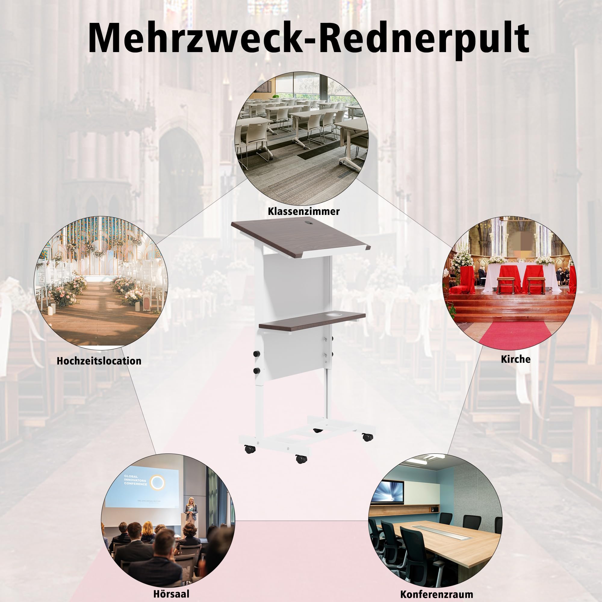Podiumständer, tragbares Rednerpult mit 7 verstellbaren Höhenpositionen, Podium mit Ablage und Getränkehalter, mobiler Ständer für Seminare und Schulen