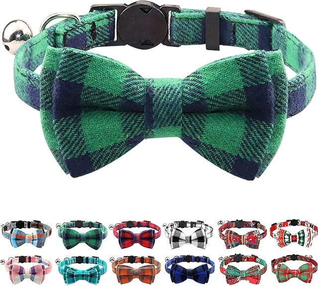 Joytale Cat Collar with Bell and Bow Tie, Quick Release Safety Collars for Kitten and Cats, Soft Tartan Collar, 1 Pack, Green