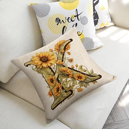 Miniatura 3 de Fundas de almohada con monograma de girasol de verano con letra K, diseño floral con inicial de 18 x 18 pulgadas, para niñas, niños, hogar, granja,