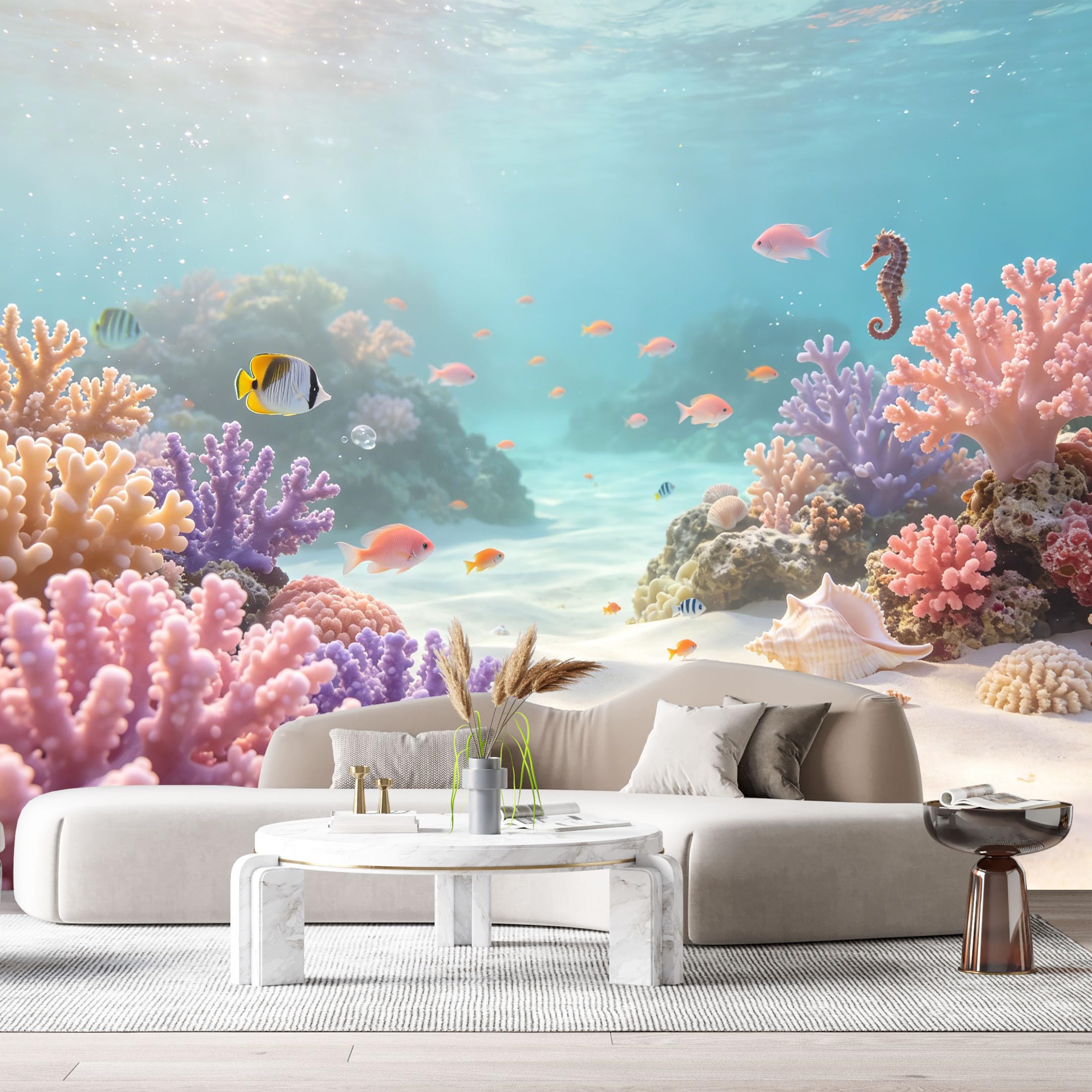 Custom Size Wall Murals Ocean Marine Tropical Reef Colorful Coral Seahorse Fish Underwater Scene SelfAdhesiveWall Fabric Removable Wallpaper Wall Decor for Living Room Bedroom Bathroom