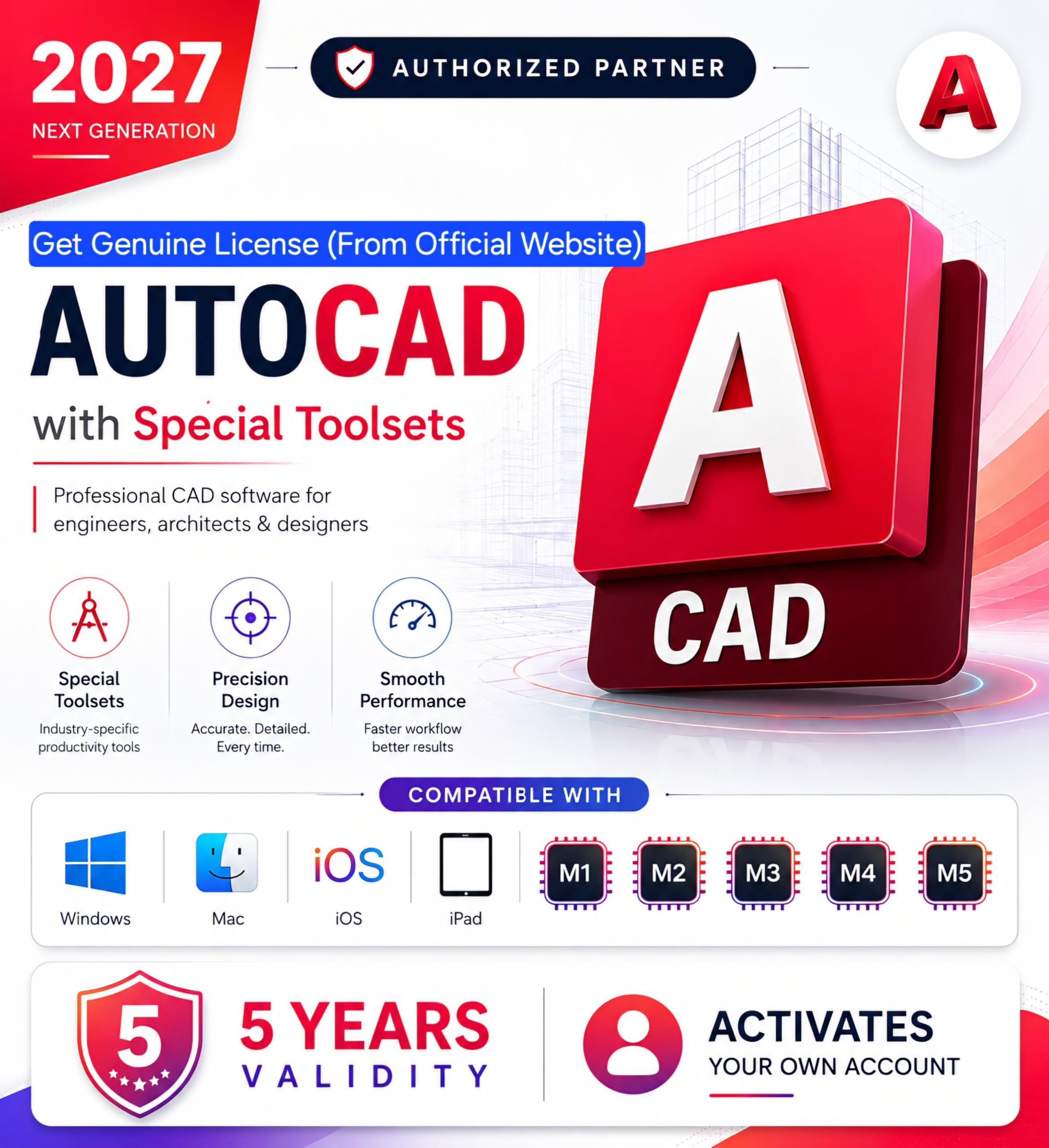 AutoCAD (Authorized Partner) 5 Years Validity (NO-CRACK) 100% Genuine License Worldwide Activation 5 Years Subscription (3 Users/ 3 Devices) (For Windows, MacOS, Android, iOS, M1, M2, M3, M4, M5) (INCLUDES 80+ Specialized Toolsets, architecture, engineering, Agriculture & more.)-image-27