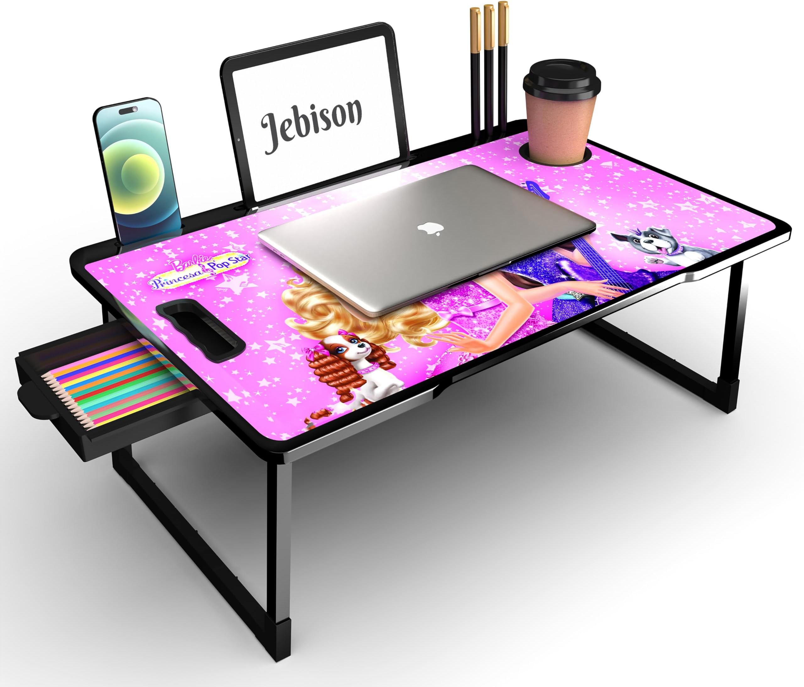 JEBISON Laptop Stand for Desk, Computer Stand Laptop Table, Phone and Tablet Stand for Desk, Portable Laptop Cup Holder Compatible with Foldable Leg, Laptop,Table (Barbi-COTTED)