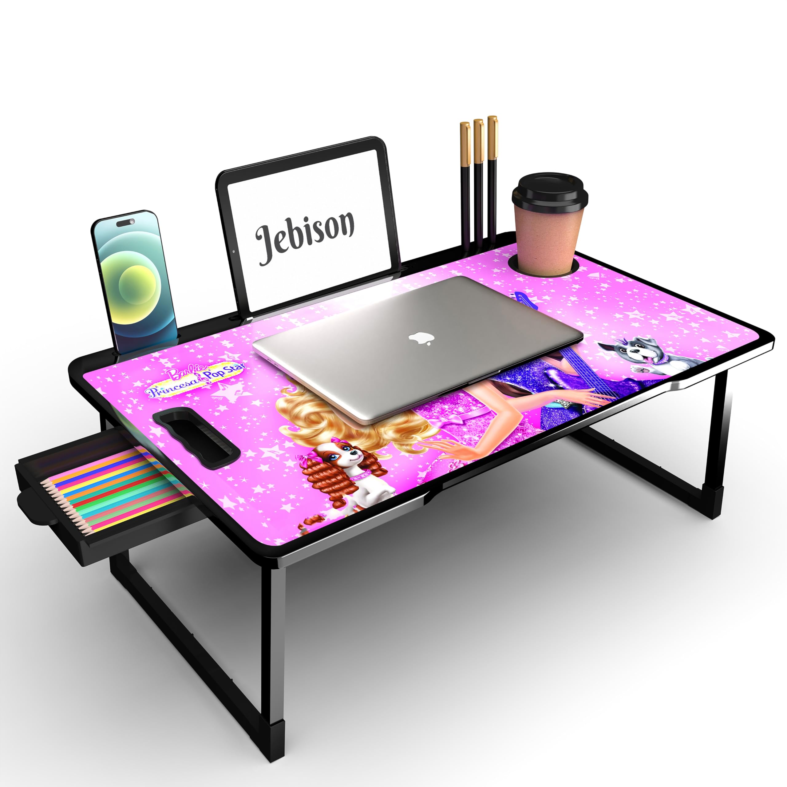 JEBISON Laptop Stand for Desk, Computer Stand Laptop Table, Phone and Tablet Stand for Desk, Portable Laptop Cup Holder Compatible with Foldable Leg, Laptop,Table (Barbi-COTTED)