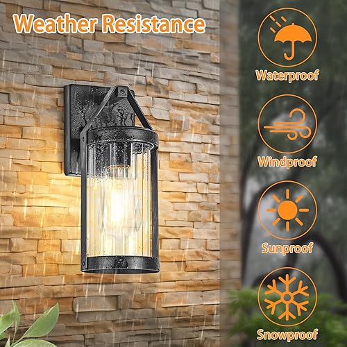 Miniatura 4 de Paquete de 2 lámparas para exteriores para montaje en pared, impermeables, modernas, para porche, aplique de pared negro con vidrio acanalado