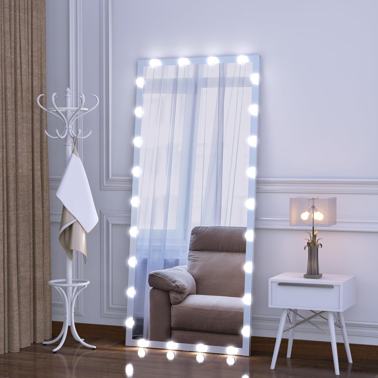 BEAUTME Vanity Mirror with Lights 71x 32 Inch, Full Length Mirror, LED Standing/Wall Mounted/Makeup/Floor Mirrors with 26 Dimmable Bulbs(Silver)