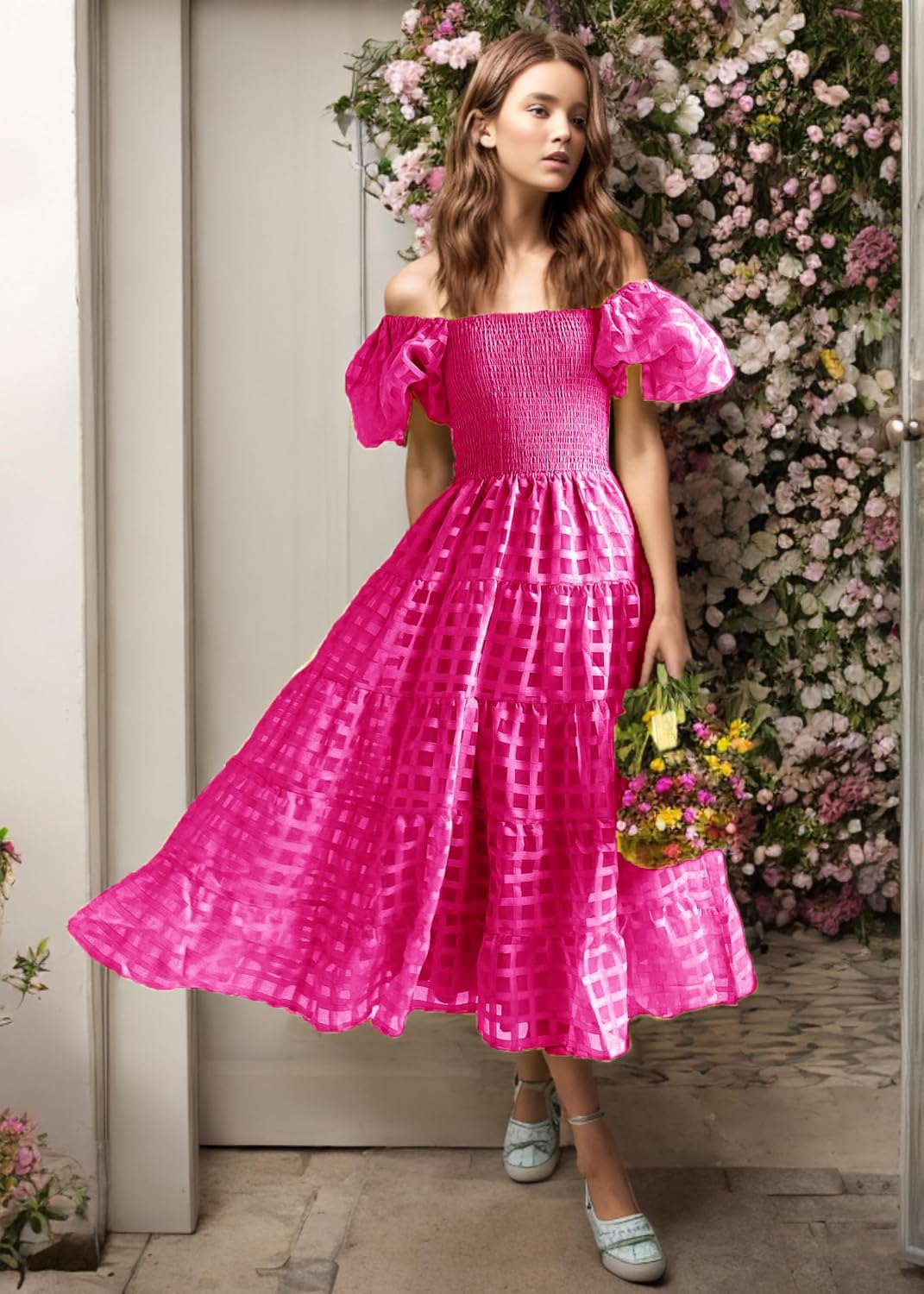 Women's Boho Floral Midi Dress Ruffle Hem Puffy Short Sleeve Summer Maxi Dress - Image 3