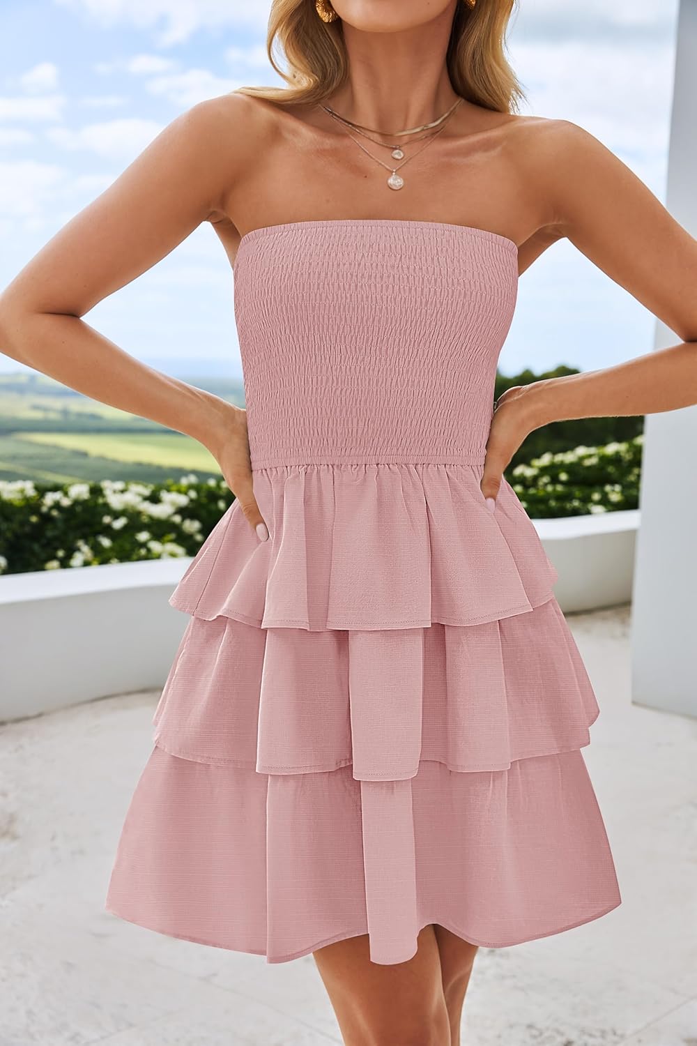 ZESICA Women's Summer Strapless Smocked Tube Dress 2025 Off Shoulder Ruffle Tiered Flowy Beach Boho Mini Sundress - Image 3