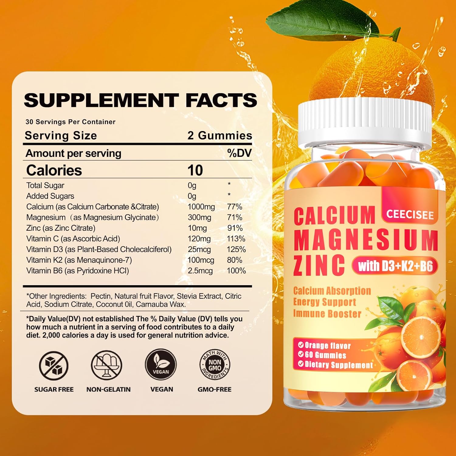 Calcium Magnesium Zinc Gummies with D3 &B6 &K2,1000mg Calcium Gummies with 300mg Magnesium Support Immune Energy for Adults and Teens,Sugar Free(120Count)