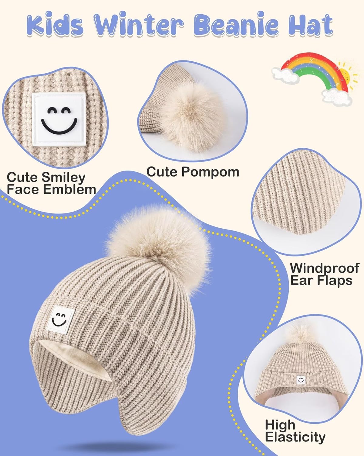 Alepo 3 Pack Baby Winter Hats with Earflaps, 2 Size Kids Pompom Beanie for Toddler Children, Smiley Face Hat for Girls Boys - Image 5