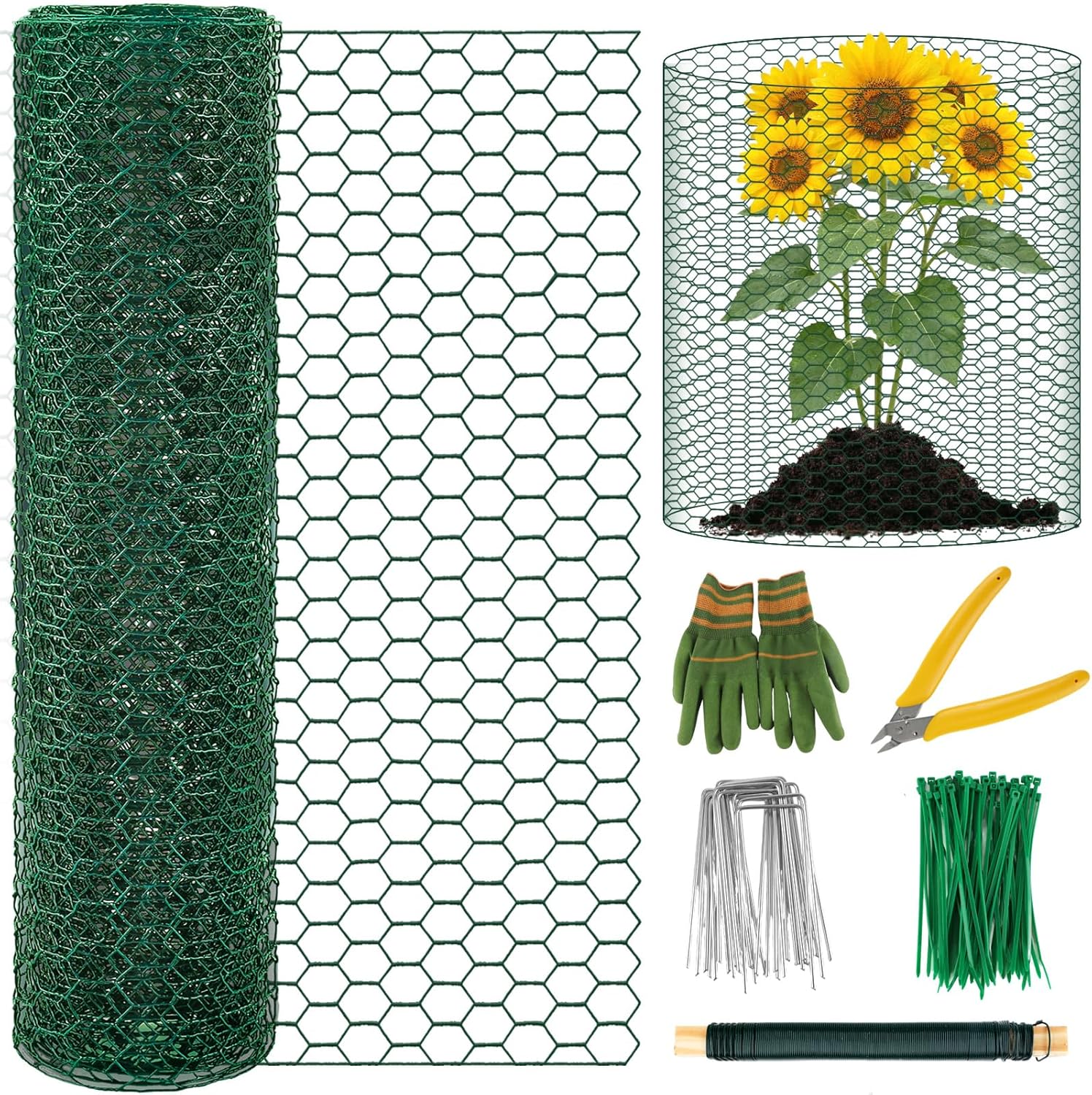 Convivium Plant Protectors from Animals, 0.8mm Free-Cut Green Chicken Wire Mesh, PVC Coated Tree Trunk Guard & Garden Fence for Outdoor Plants with Zip Ties, Stakes, Pliers, Gloves（16.7 Ft*24In）
