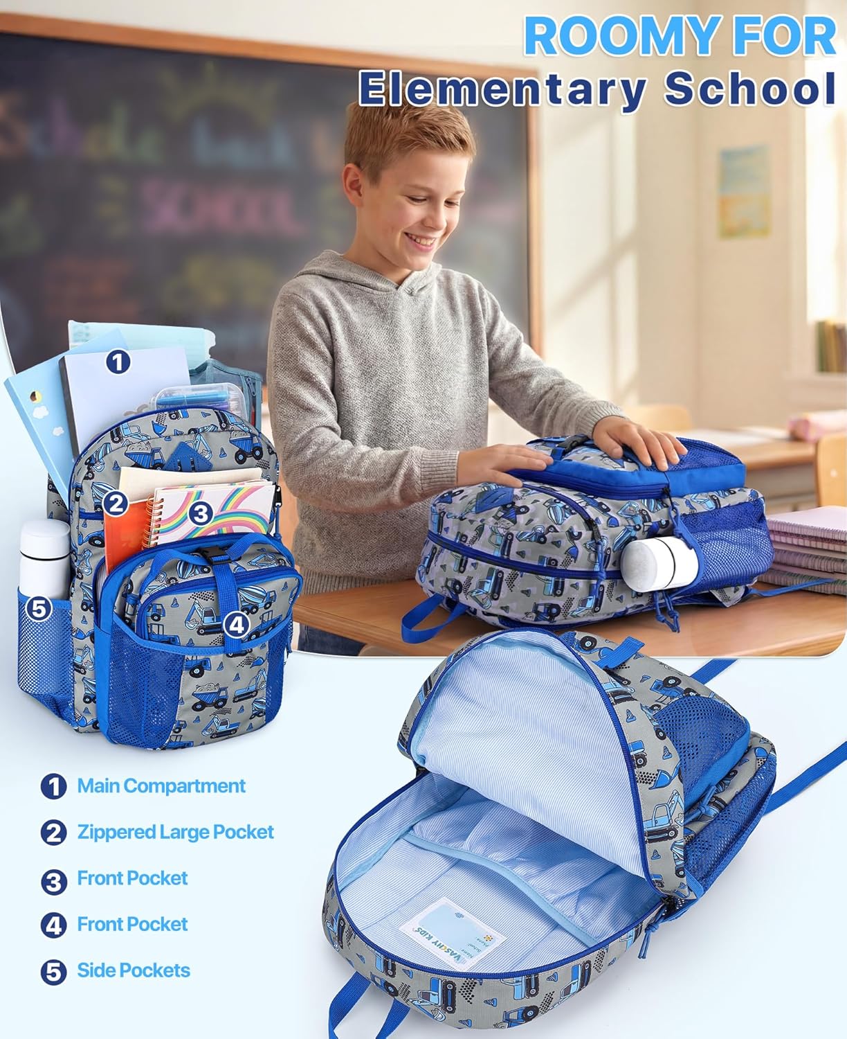 VASCHY Boy Kids Backpack & Lunch Bag Set, 2-in-1 School Bookbag with Insulated Lunch Box for Preschool, Daycare, Kindergarten & Elementary School – Construction Trucks