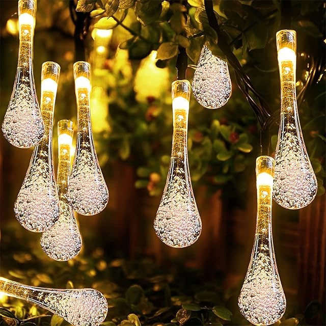 ZQX Solar String Lights Outdoor Garden, 30 LED 8 Modes Solar Waterdrop String Lights Solar Powered Waterproof Raindrop Fairy Lights for Christmas Fence Wedding Party Yard Decoration (Warm White)