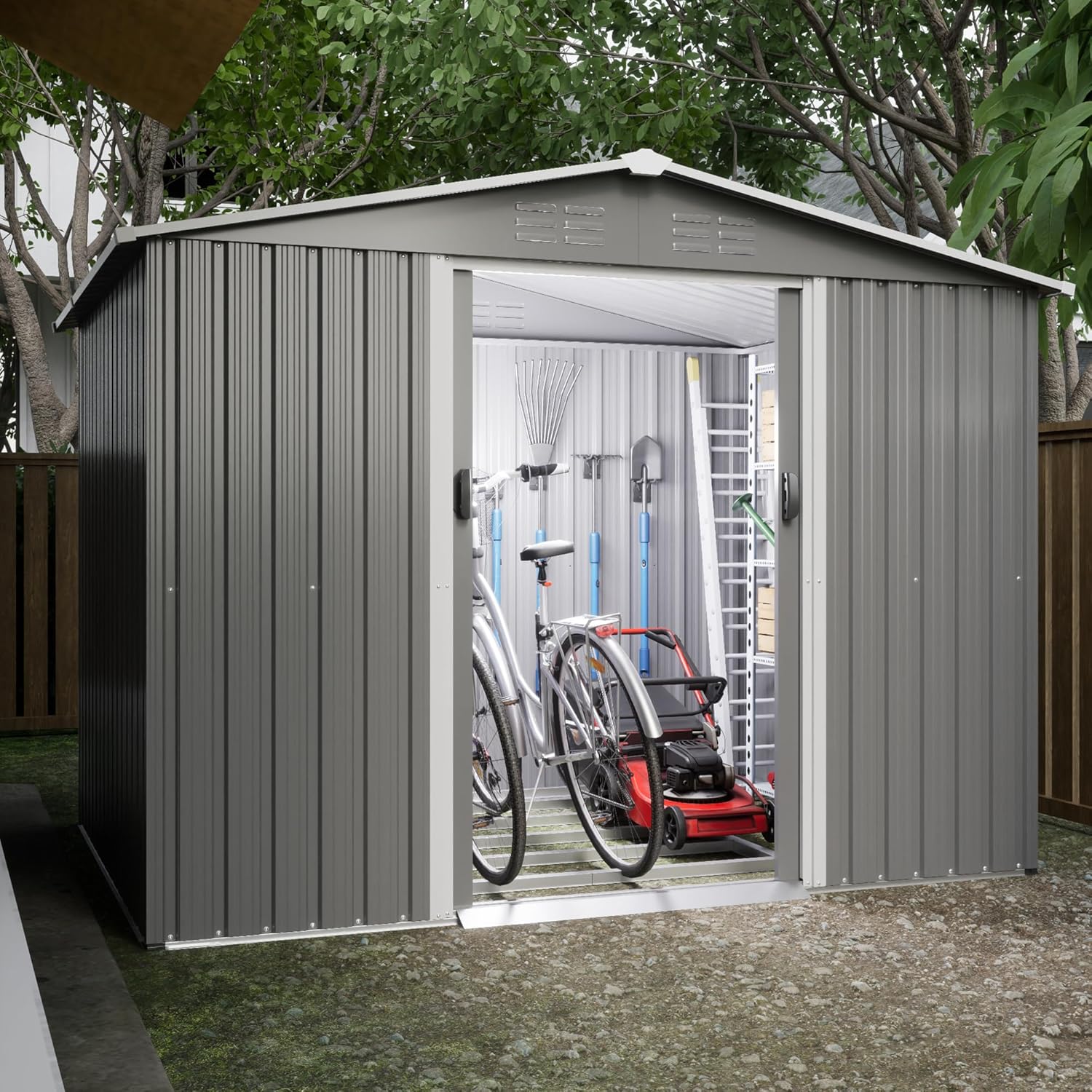 Goohome 6x8 FT Sheds & Outdoor Storage, Sturdy Metal Galvanized Steel Garden Storage Shed W/Lockable Sliding Doors, Air Vents, Waterproof Spacious Utility Tool Storage Bike Shed for Patio, Lawn C-Grey a 8ftx6ft