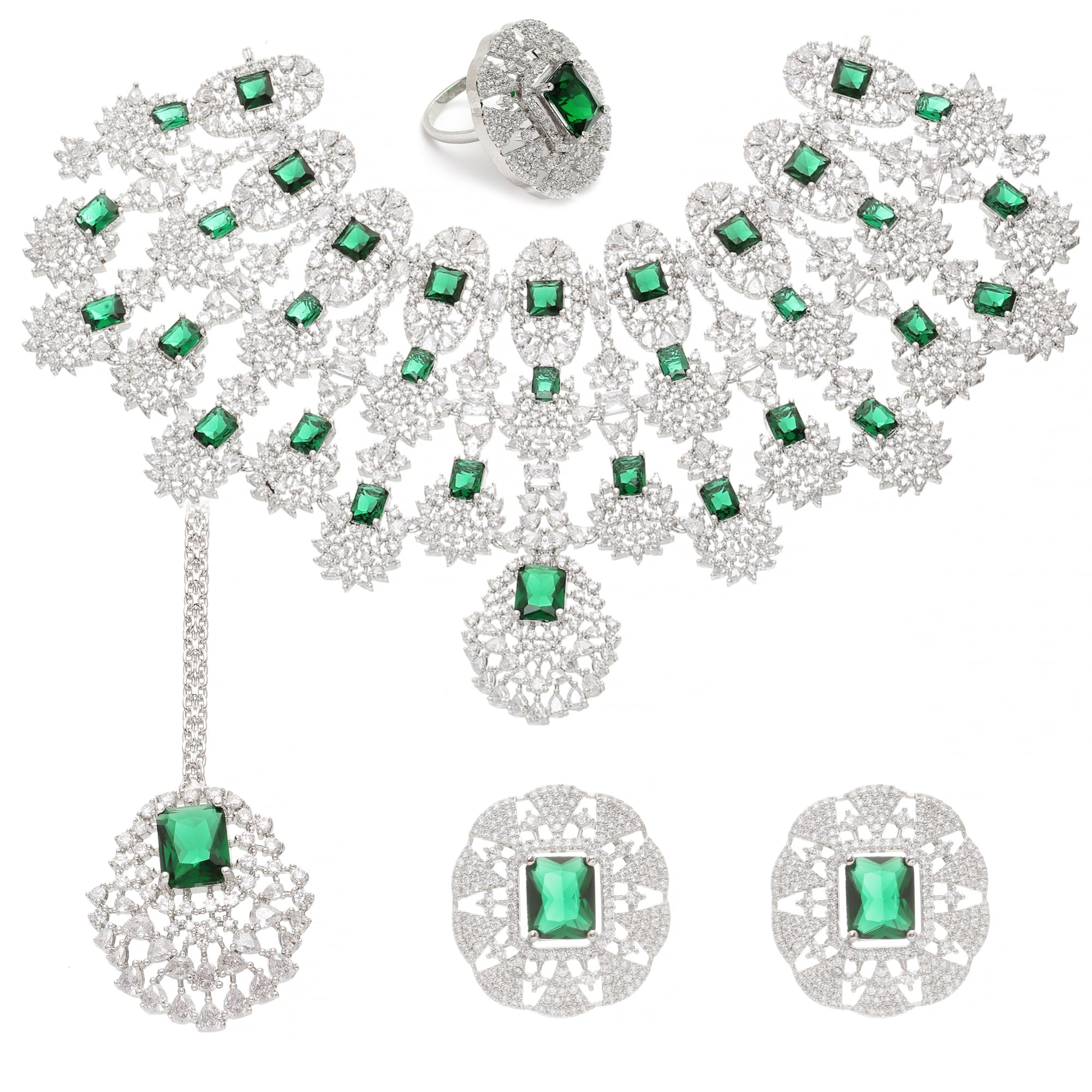 ZENEME Rhodium-Plated American Diamond Studded Tasselled Necklace With Earrings Ring & MaangTikka Jewellery Set For Girls and Women (Green) (B0CGR3MPSS) Amazon Price History, Amazon Price Tracker