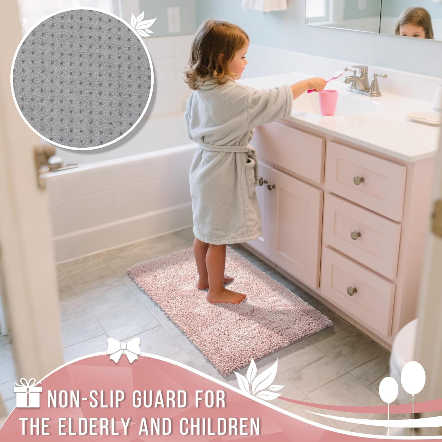 Yimobra Bathroom Rug Set 2 Piece, Luxury Shaggy Bath Mat Set with Non Slip Backing, Ultra Soft & Absorbent Mats for Bathroom Floor, Machine Washable, 31.5"x20"+24"x17", Pink - Image 5