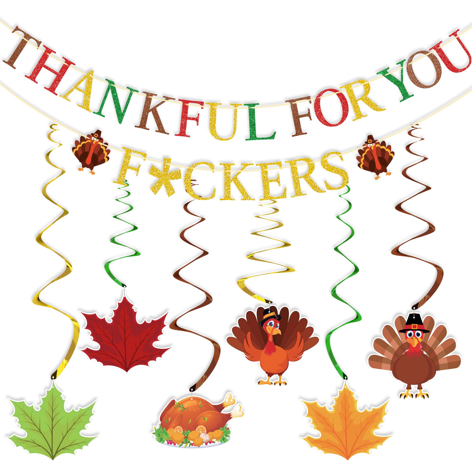 Thanksgiving Party Decorations - NO DIY - Glitter Thankful for You Banner & Thanksgiving Hanging Swirls for Ceiling Mantle Wall Decor, Thanksgiving Banner Fall Thanksgiving Party Decorations