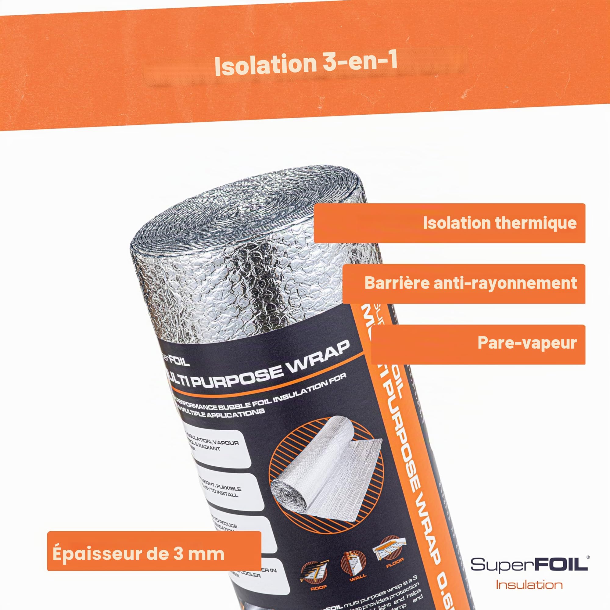 SuperFOIL Rouleau d'Isolation en Feuille 0,6m x 10m - Solution DIY pour Économie d'Énergie - Isolation Thermique Durable 3-en-1 avec Barrière Réfléchissante et Pare-Vapeur
