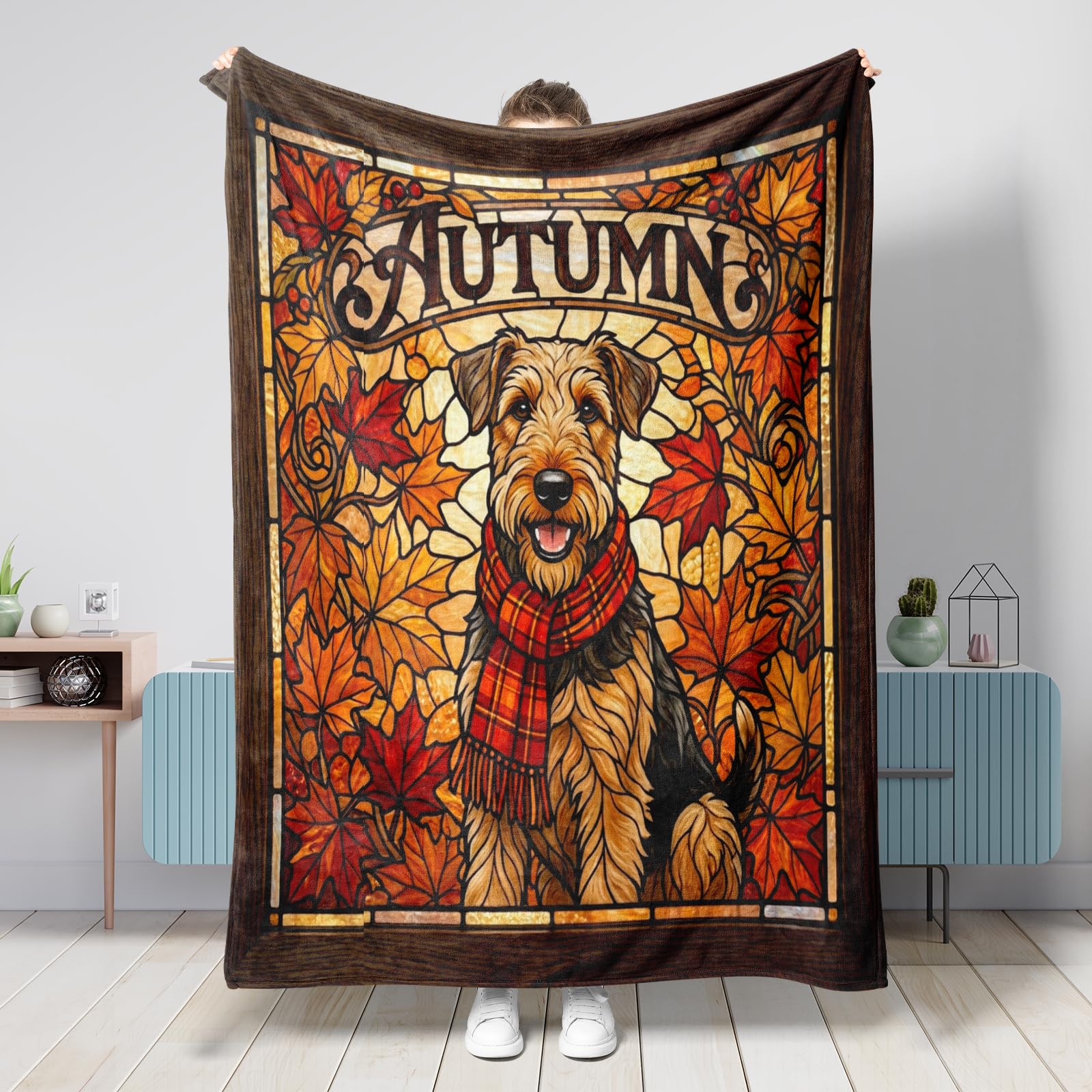 Couverture Airedale Terrier en flanelle 152x203 cm motif vitrail d'automne pour canapé