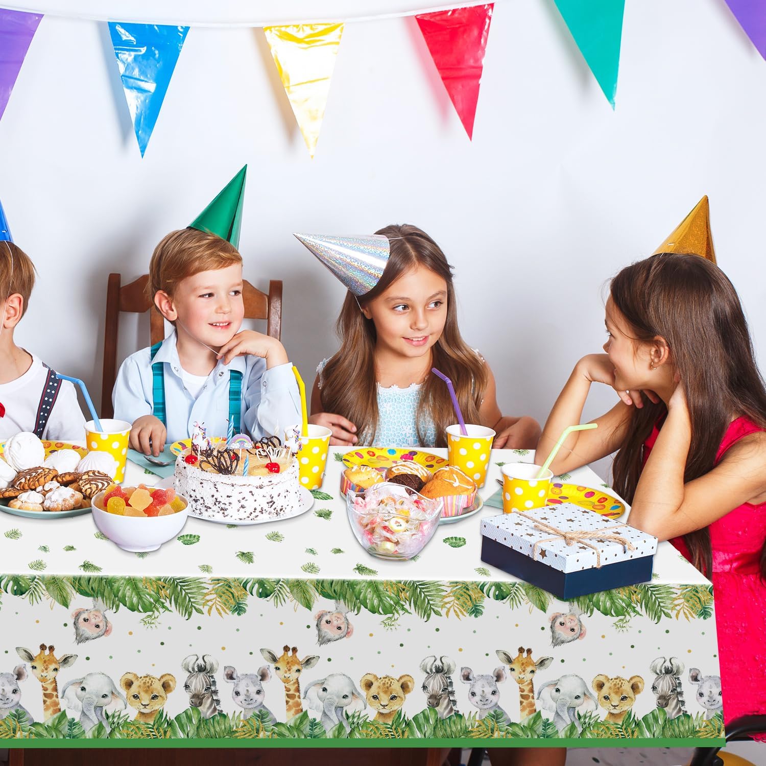 3 Pieces Jungle Safari Tablecloths Animals Plastic Table Cover Zoo Birthday Party Supplies for Safari Baby Shower Decorations, 108×54 Inch