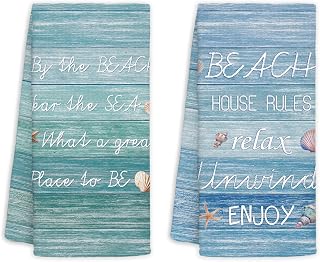 Beach Kitchen Towels Set of 2, Coastal Beach House Rules Dish Tea Towels for Kitchen Decor, Blue Ocean Hand Towels for Bathroom, Coastal Kitchen Bathroom Decor, 16x24 Inch
