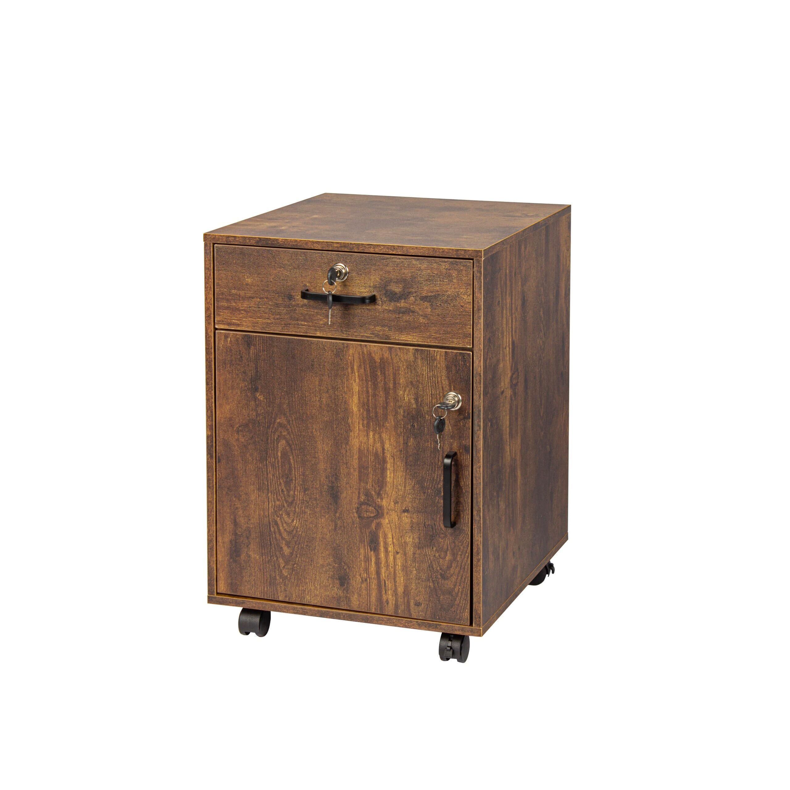 Relaxdays Rollcontainer Marrone Vintage con cassetto, Anta, Serratura, HBT 57x40x40 cm