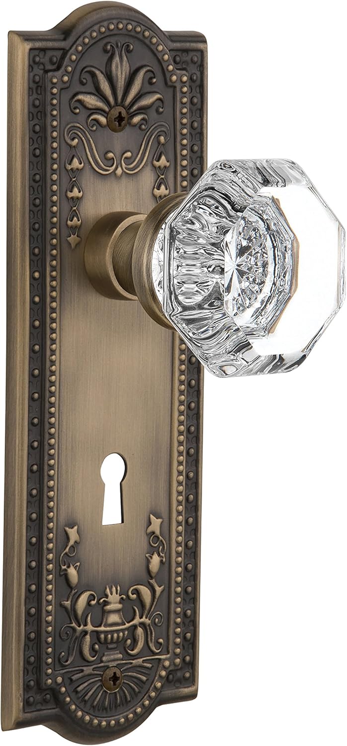 Nostalgic Warehouse Meadows Plate with Keyhole Waldorf Crystal Knob, Mortise - 2.25", Antique Brass
