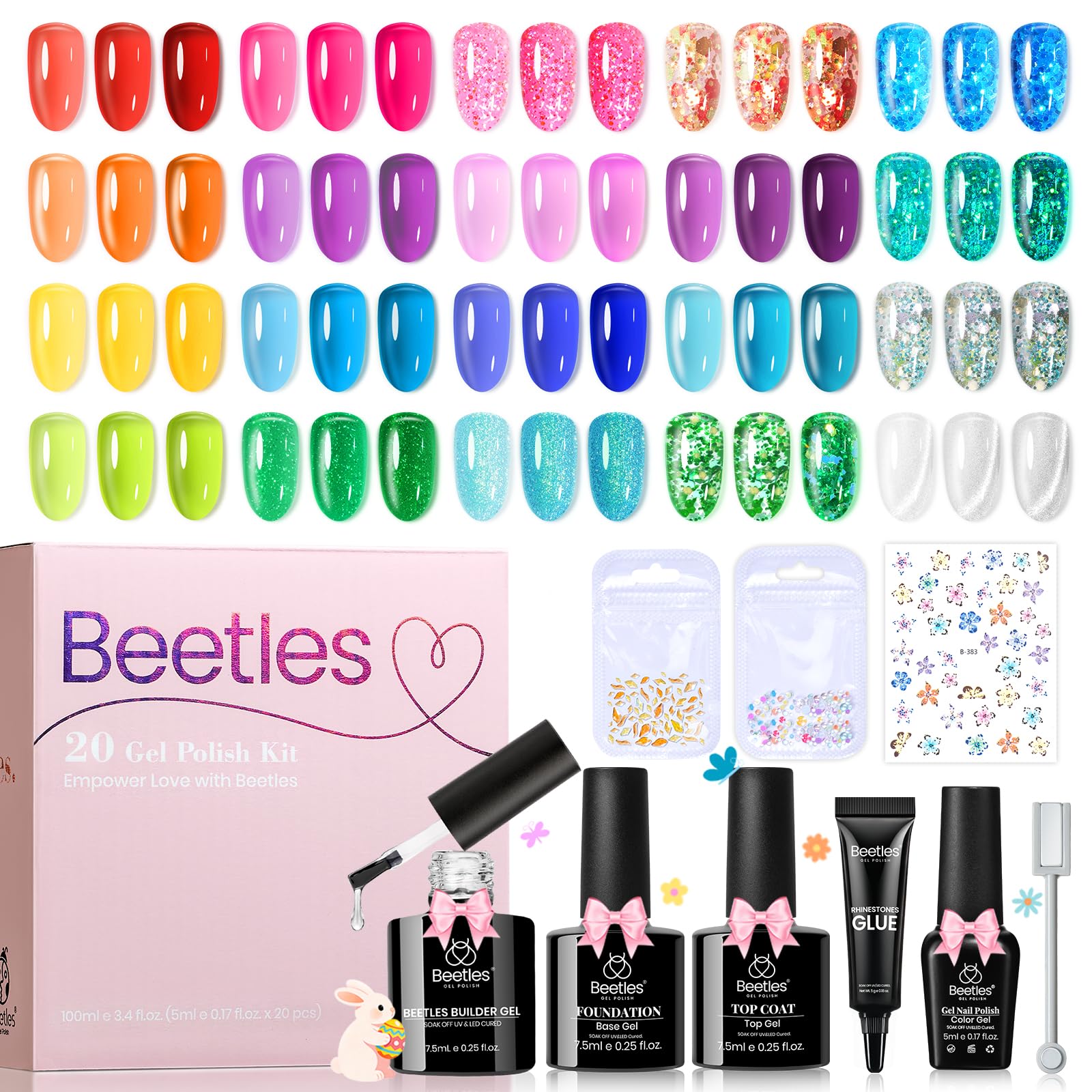 Beetles Jelly Gel Nail Polish Kit,20 Colors Neon Cat Eye Glitter Soak Off UV LED Gel Nail Kit Pink Orange Blue with Base Matte Top Coat for DIY Nail Art Sunbeam Jelly Gift for Women