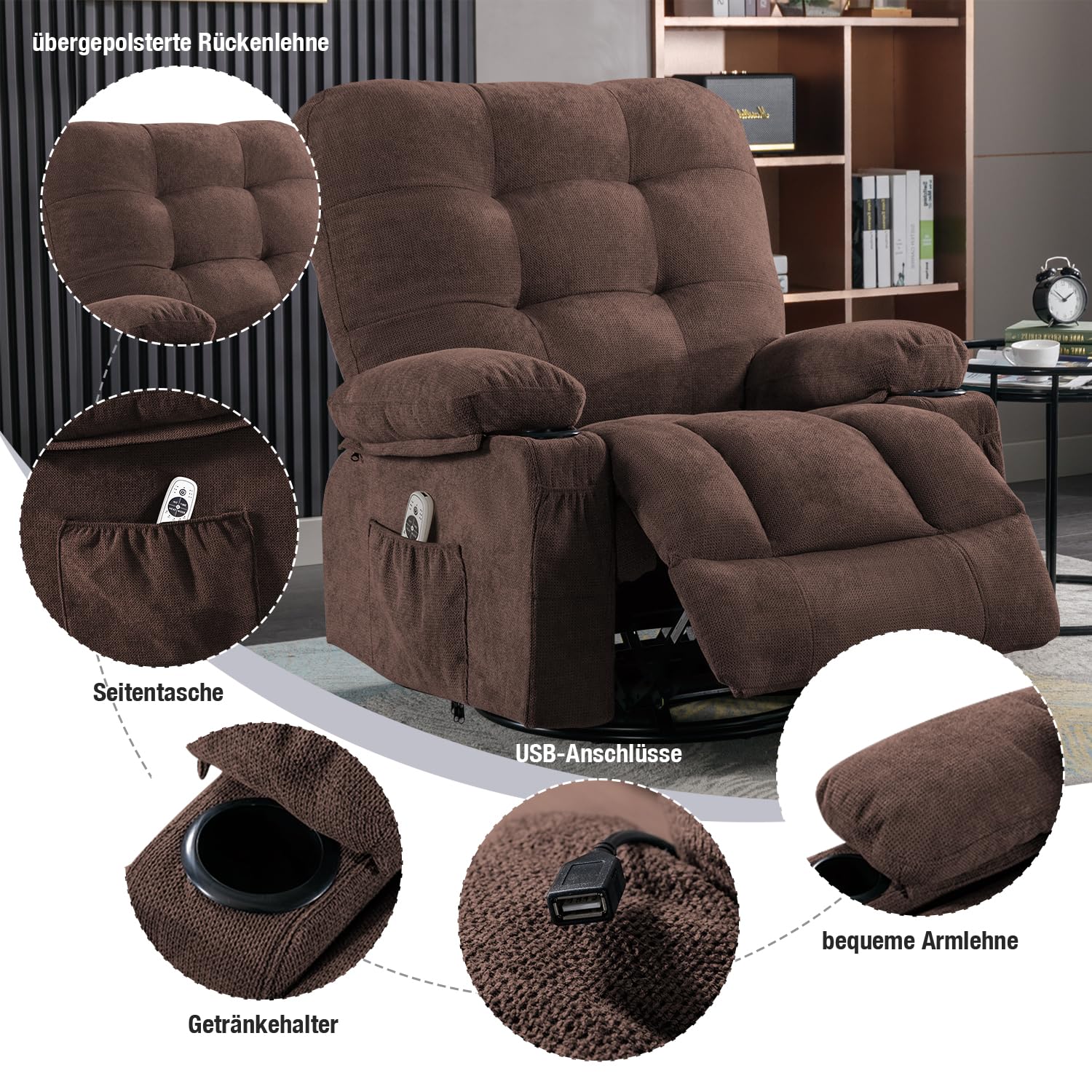 Bosmiller Relaxsessel mit Liegefunktion Elektrisch Fernsehsessel Oversize 360° Drehbarer Liegesessel mit Wärmefunktion Heizung Verstellbar Sessel Stoff TV-Sessel für Wohnzimmer, Braun