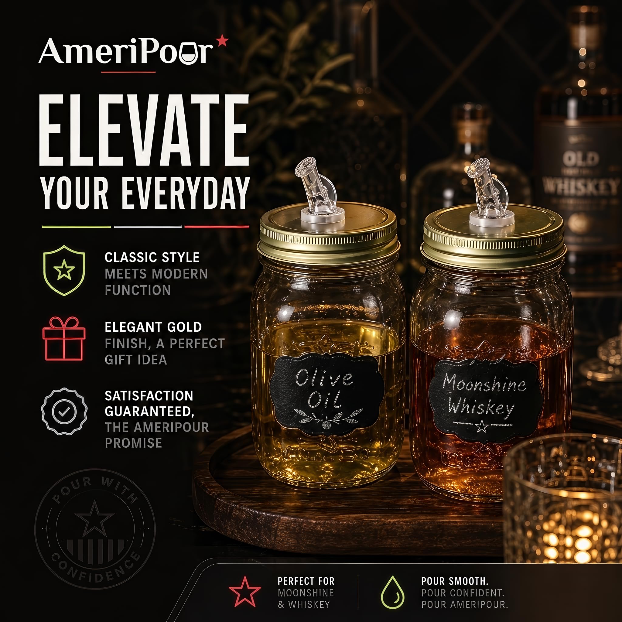 Mason Jar versa i beccucci con patta – per Moonshine e Whisky – Realizzato al 100% negli Stati Uniti – Beccucci per barattolo a flusso libero che non perdono – Nessuna crepa, solo un cocktail