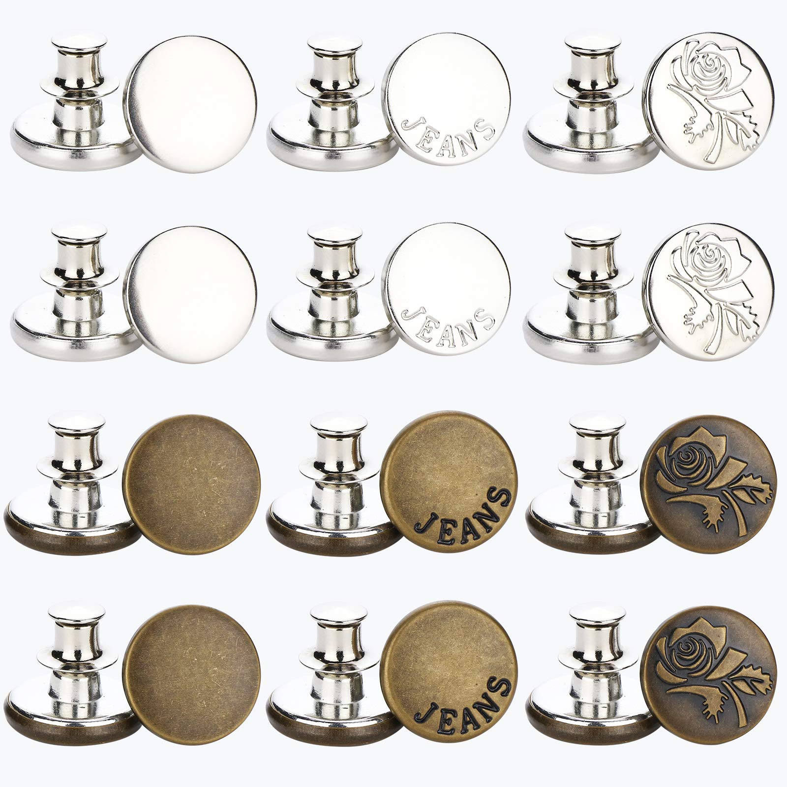 12 Sets 17mm Replacement Jean Buttons, No Sew Instant Button Detachable Pants Button, Detachable Shirt Button Pins, Removable Metal Button to Extend or Reduce Pants Waist Size