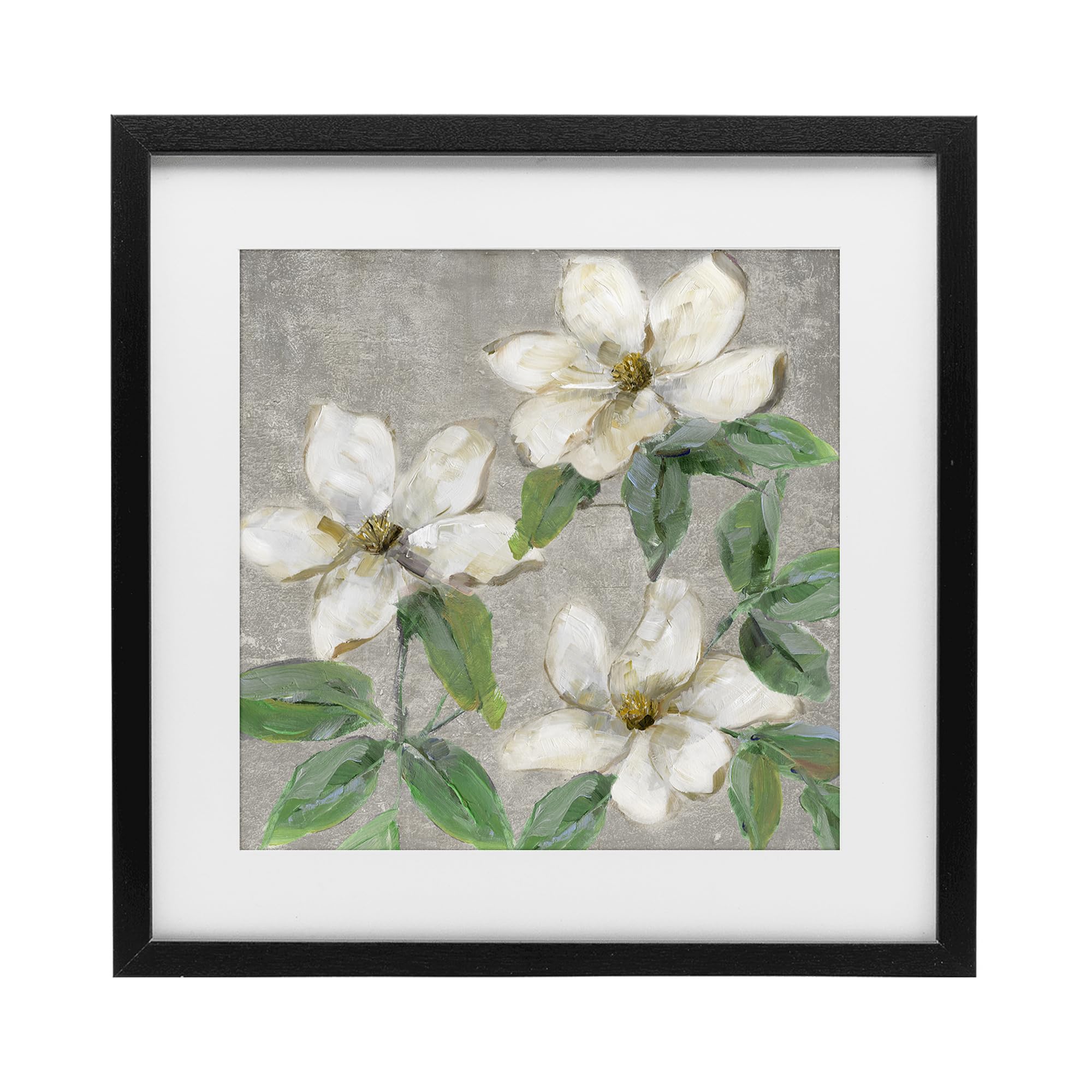 Stupell Industries Midnight Black (Textured) Ivory Magnolia Trio Botanical, 16 X 16 Inch Framed Print Under Glass