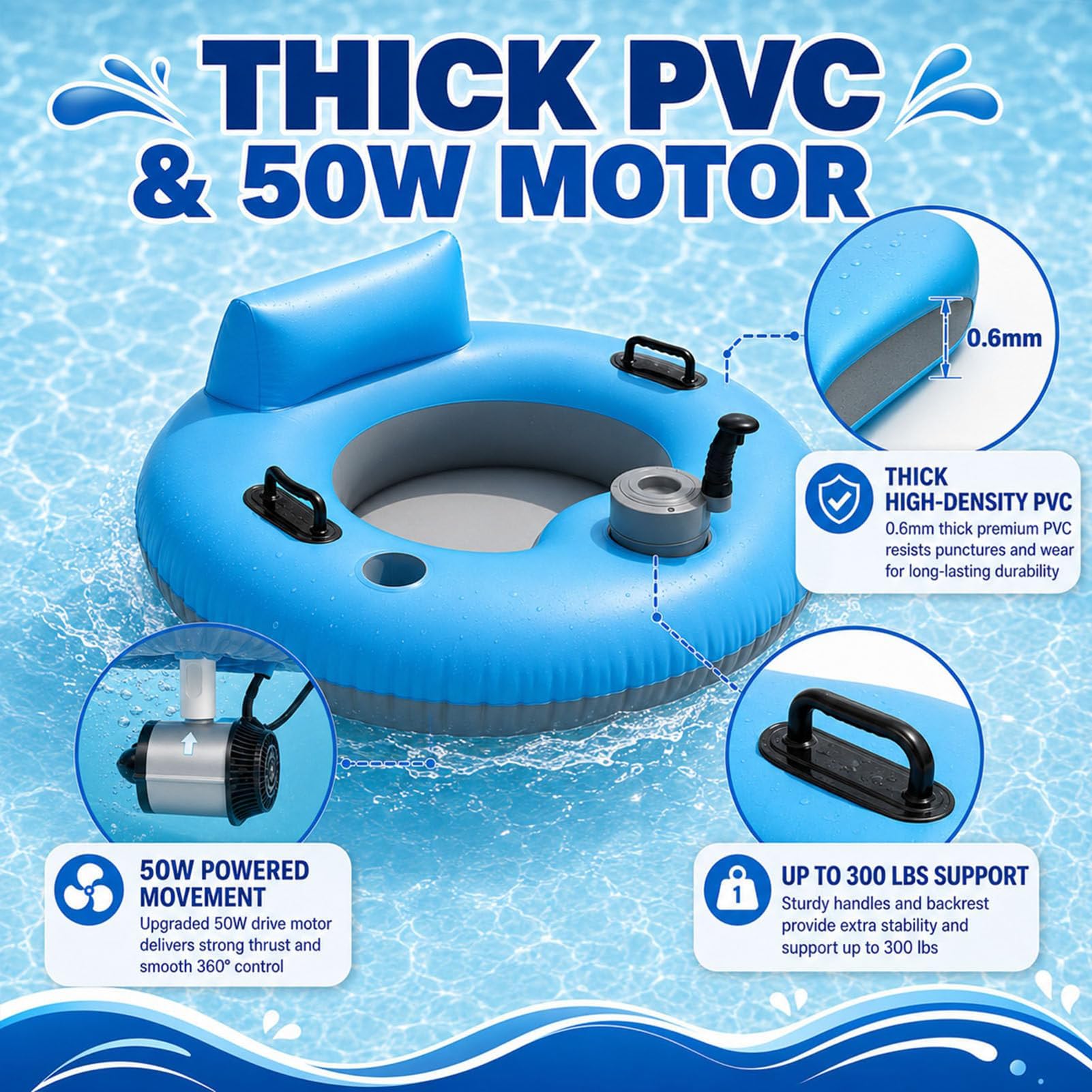 Chaise Longue de Piscine Motorisée, Flotteur électrique Rotatif 360 | Chaise Flottante 50 W avec Dossier, Sac De Rangement, Bouée Gonflable pour Adulte