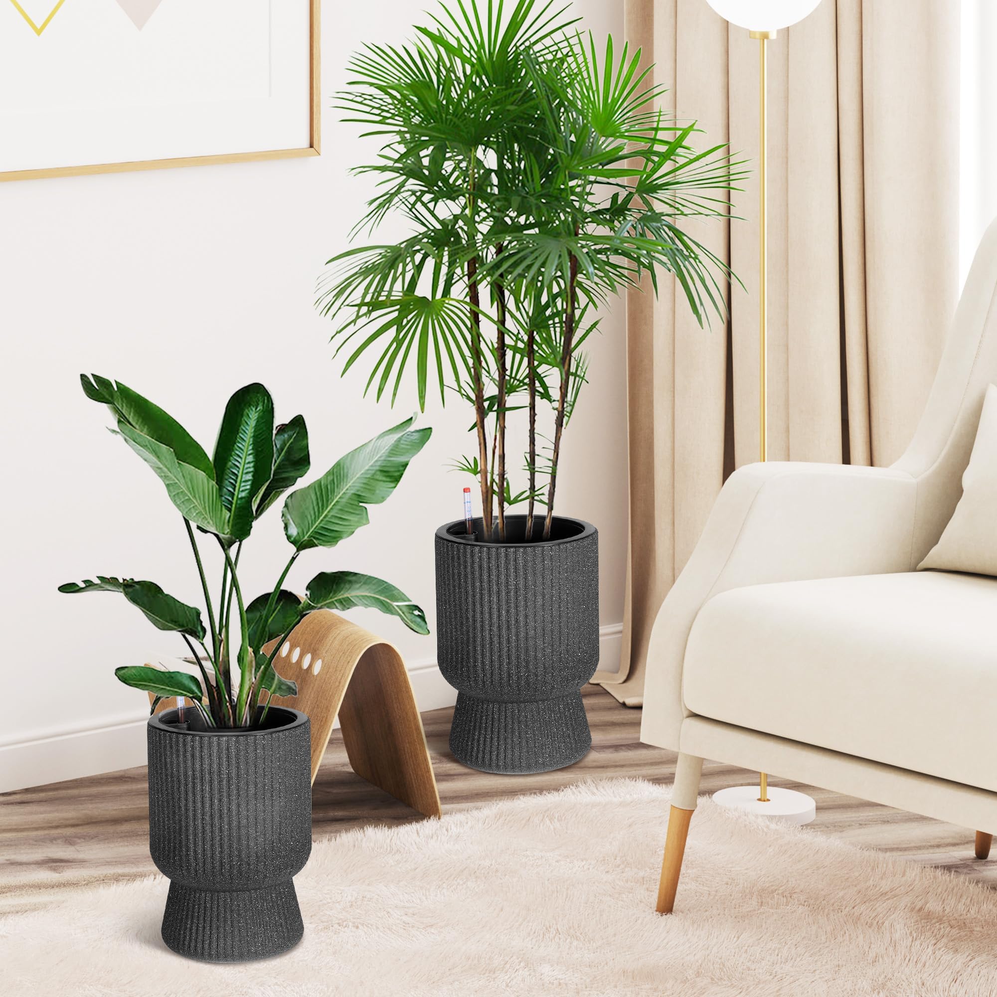 Garvee Lot de 2 Grands Pots de Fleurs 36 cm Auto-irrigants – Drainage & indicateur de Niveau d’Eau – Idéal intérieur, terrasse, Balcon, Bureau – Noir, Sandblasting