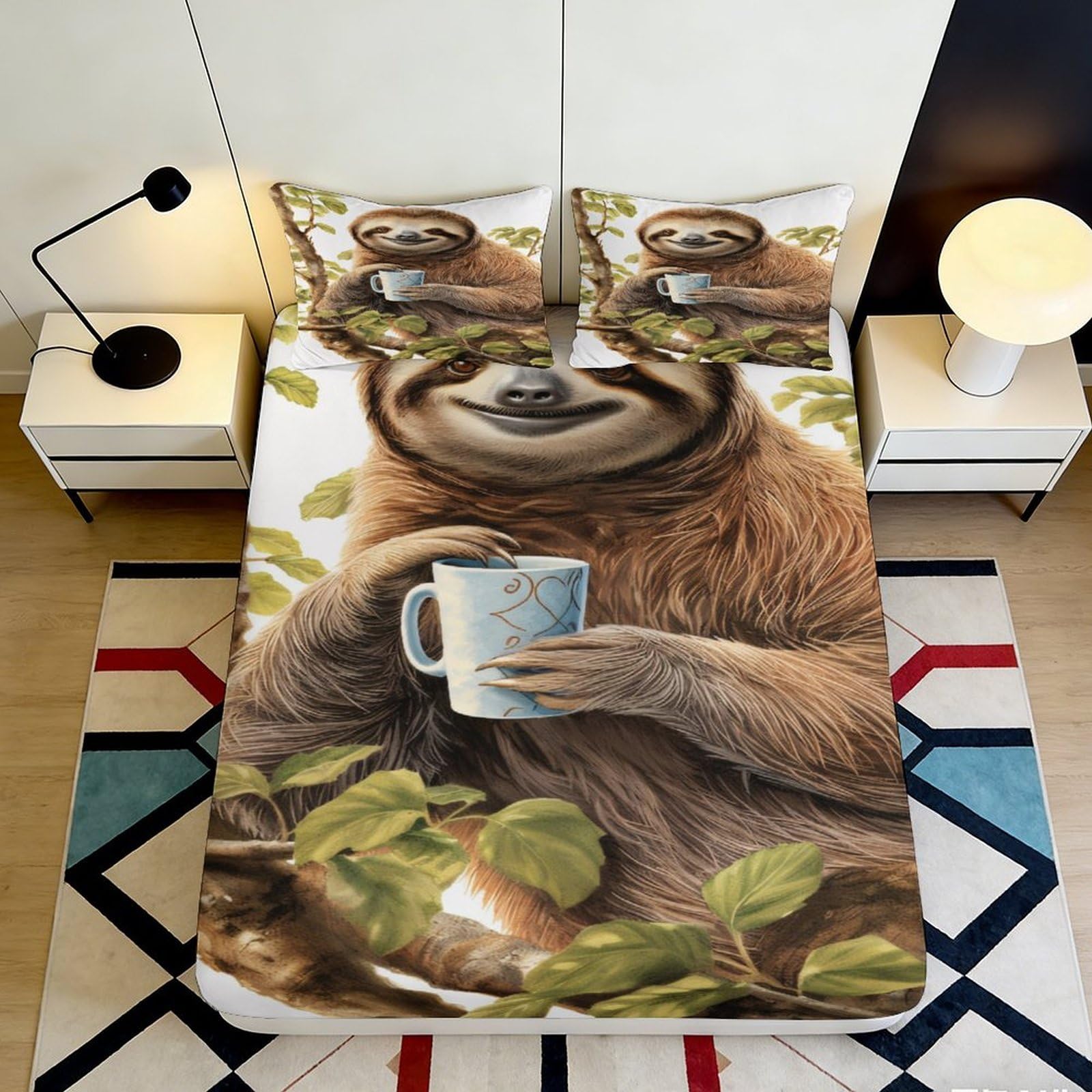 3D Printed Sloth Pattern Fitted Sheet Microfiber Soft Breathable Animal Design Mattress Cover for Bedroom Dormitory Guest Room Mattress Protection 180x200x25cm